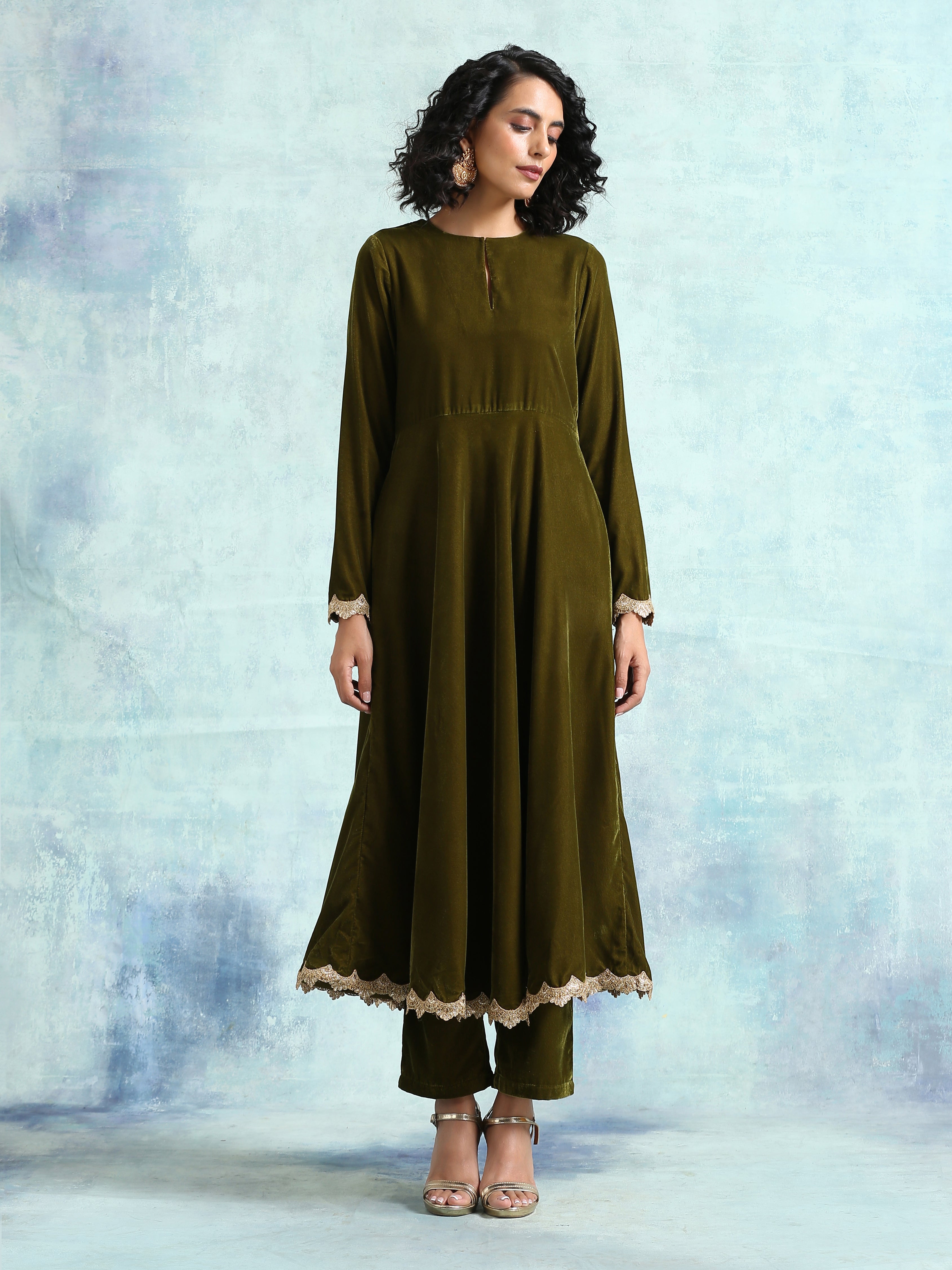 trueBrowns Mehandi Velvet Anarkali Kurta