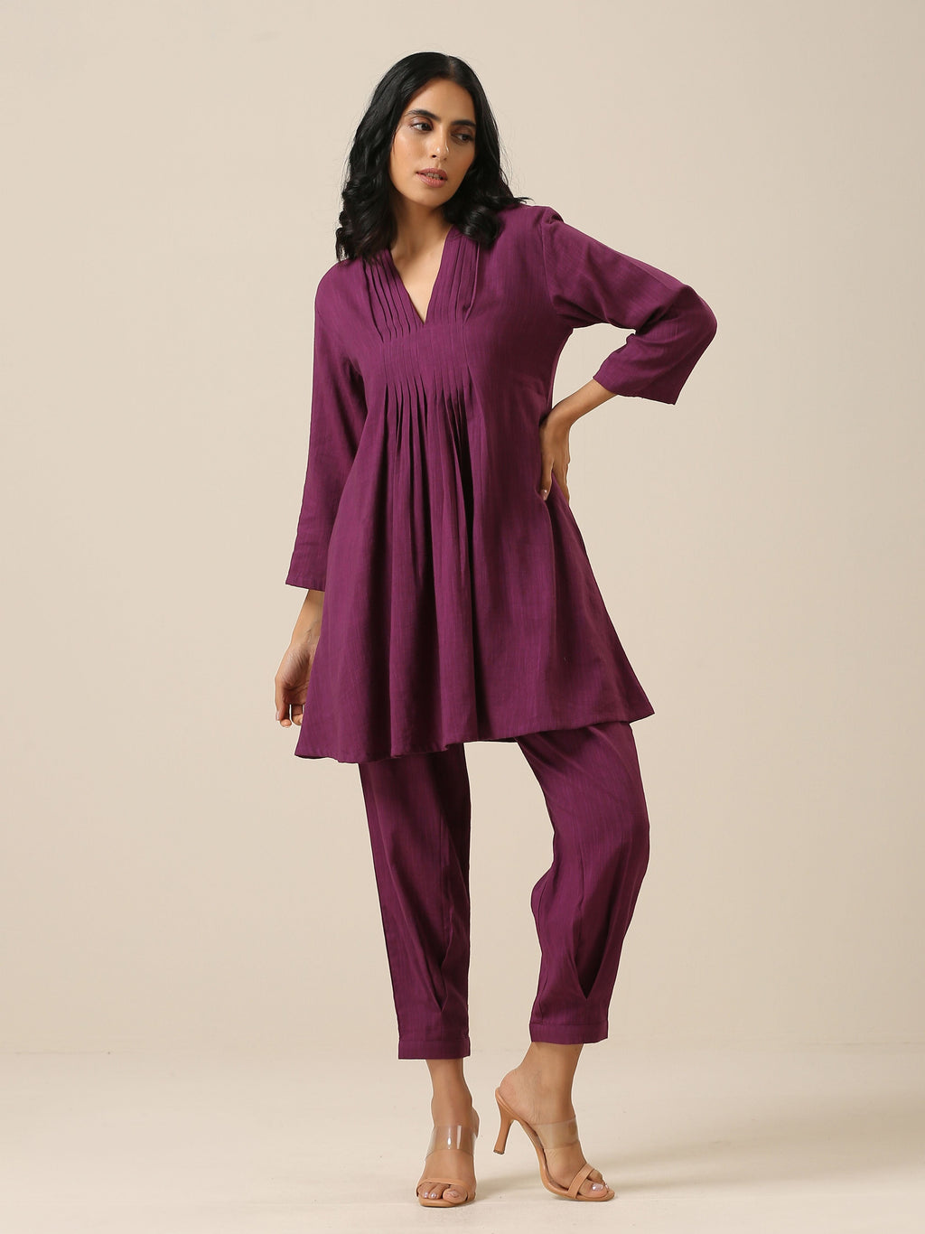 trueBrowns Plum Purple Slub Texture Pleated Co-Ord Set