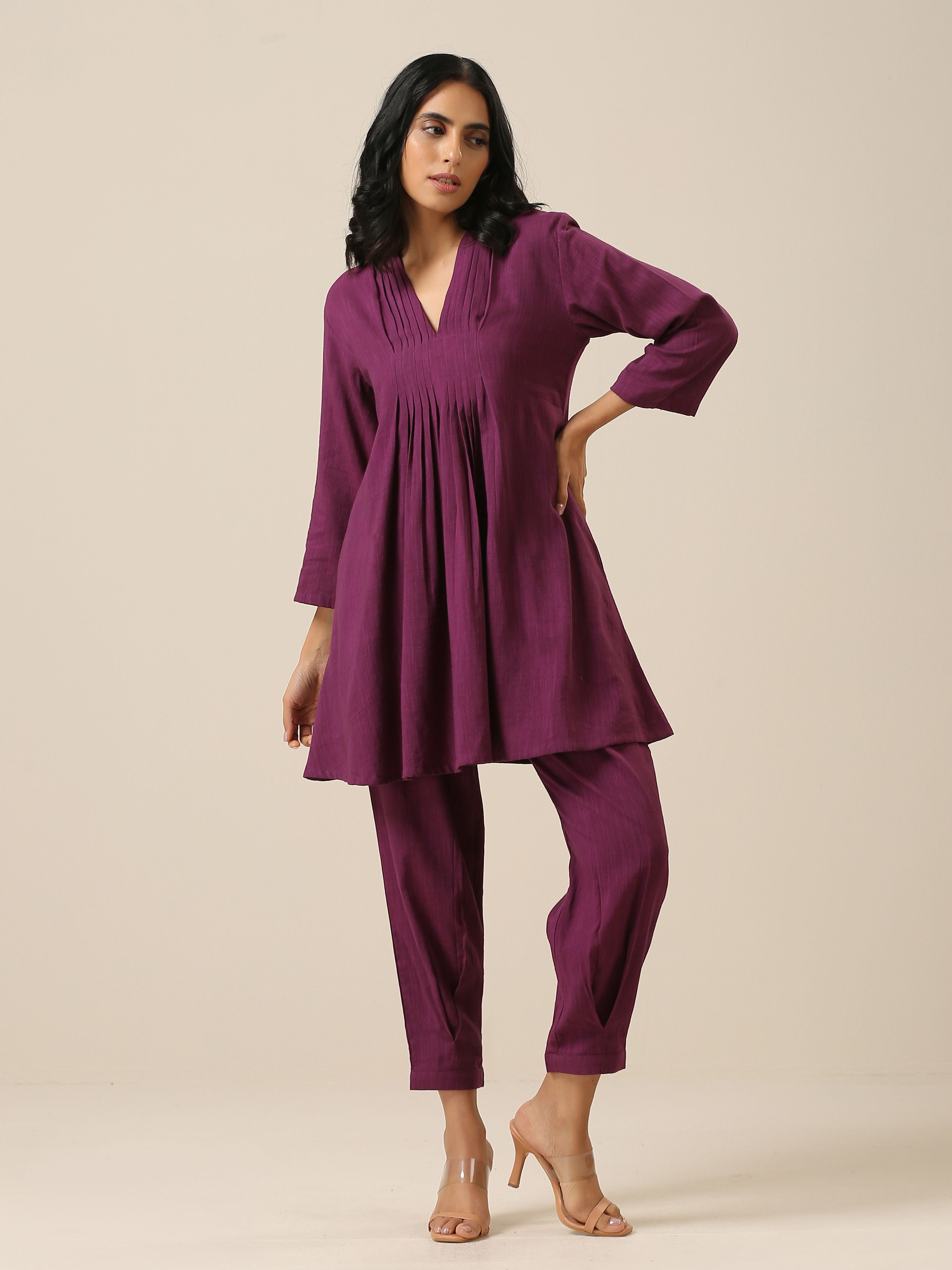 trueBrowns Plum Purple Slub Texture Pleated Co-Ord Set