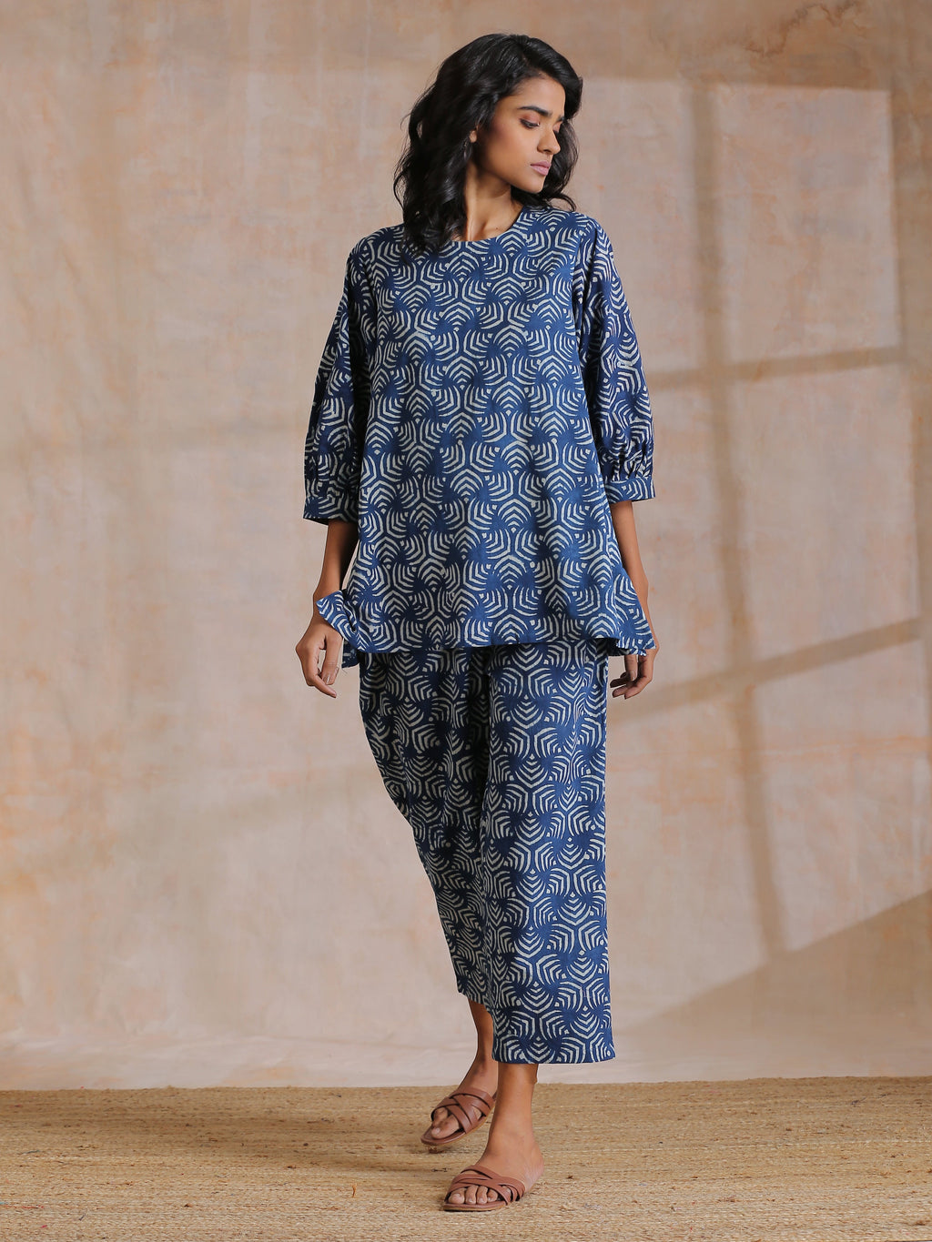 trueBrowns Indigo Dabu Overall Print Cotton Baggy Sleeve Co-Ord Set