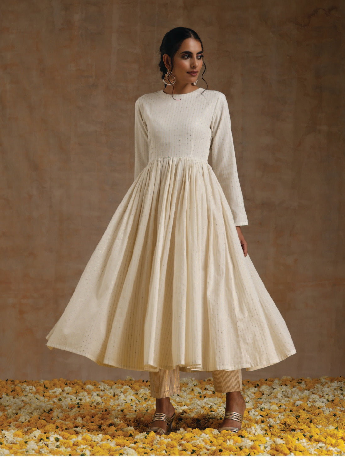 trueBrowns Ivory Gold Cotton Anarkali Set