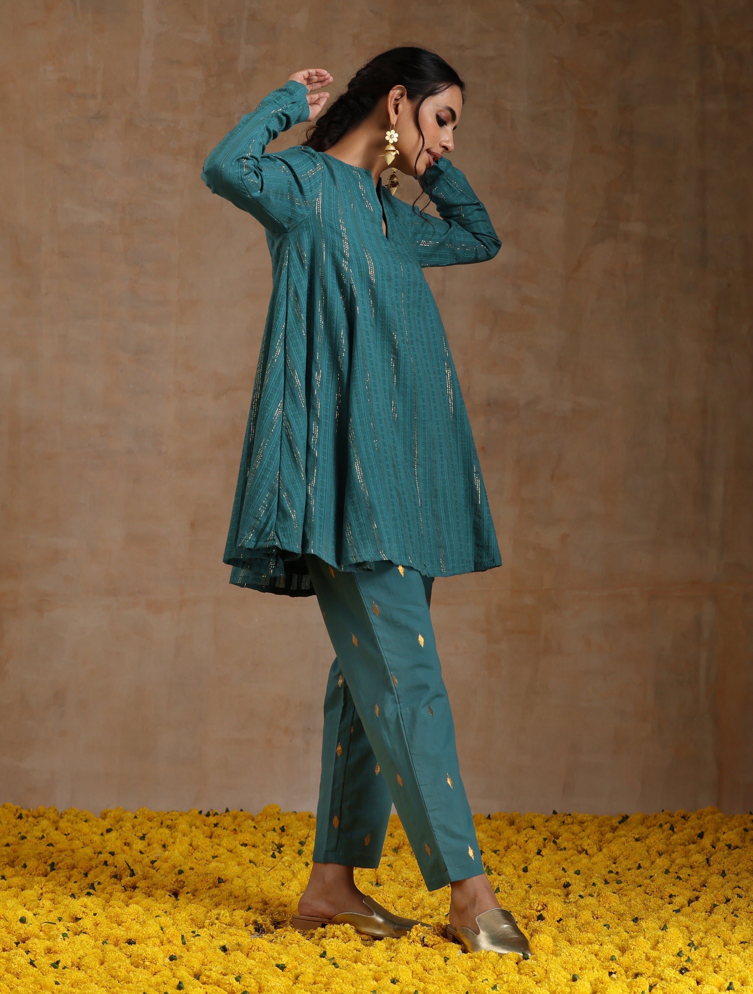 trueBrowns Deep Sea Gold Cotton Flared Co-Ord Set