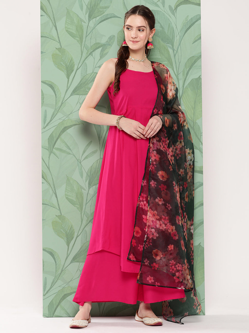 InWeave Women's Fuchsia Strappy Set W Dark Green Camelia Or Dupatta