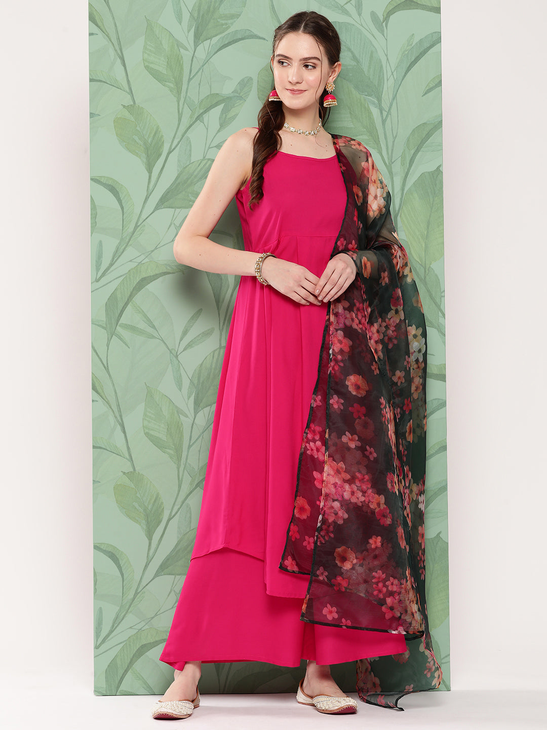 InWeave Women's Fuchsia Strappy Set W Dark Green Camelia Or Dupatta