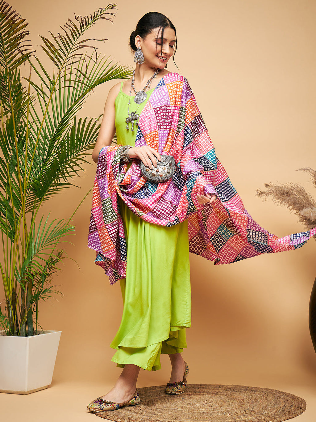 InWeave Women's Lime Green Strappy Set W Square Bandhani Print Silk Dupatta