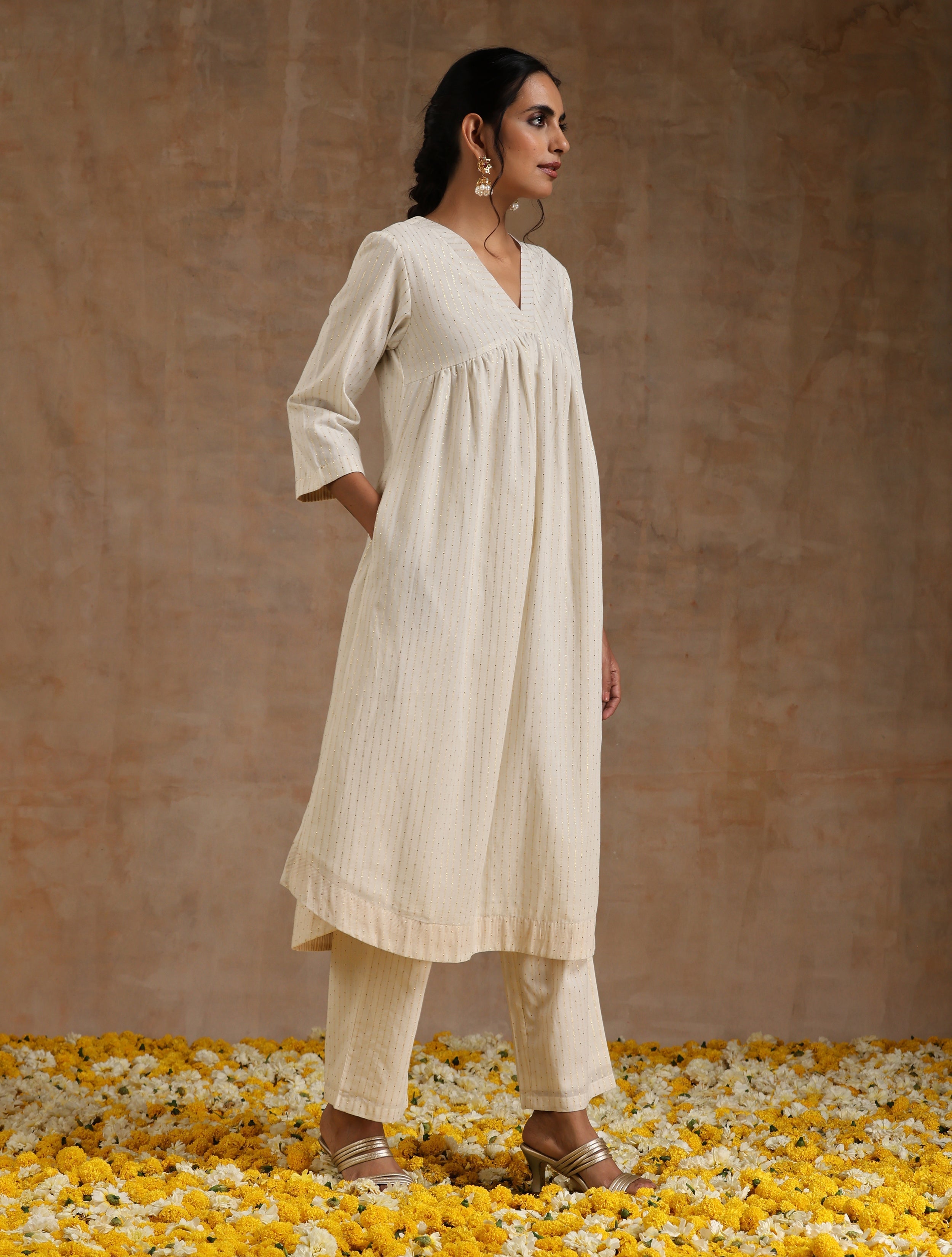 trueBrowns Ivory Gold Cotton Flared Kurta Set