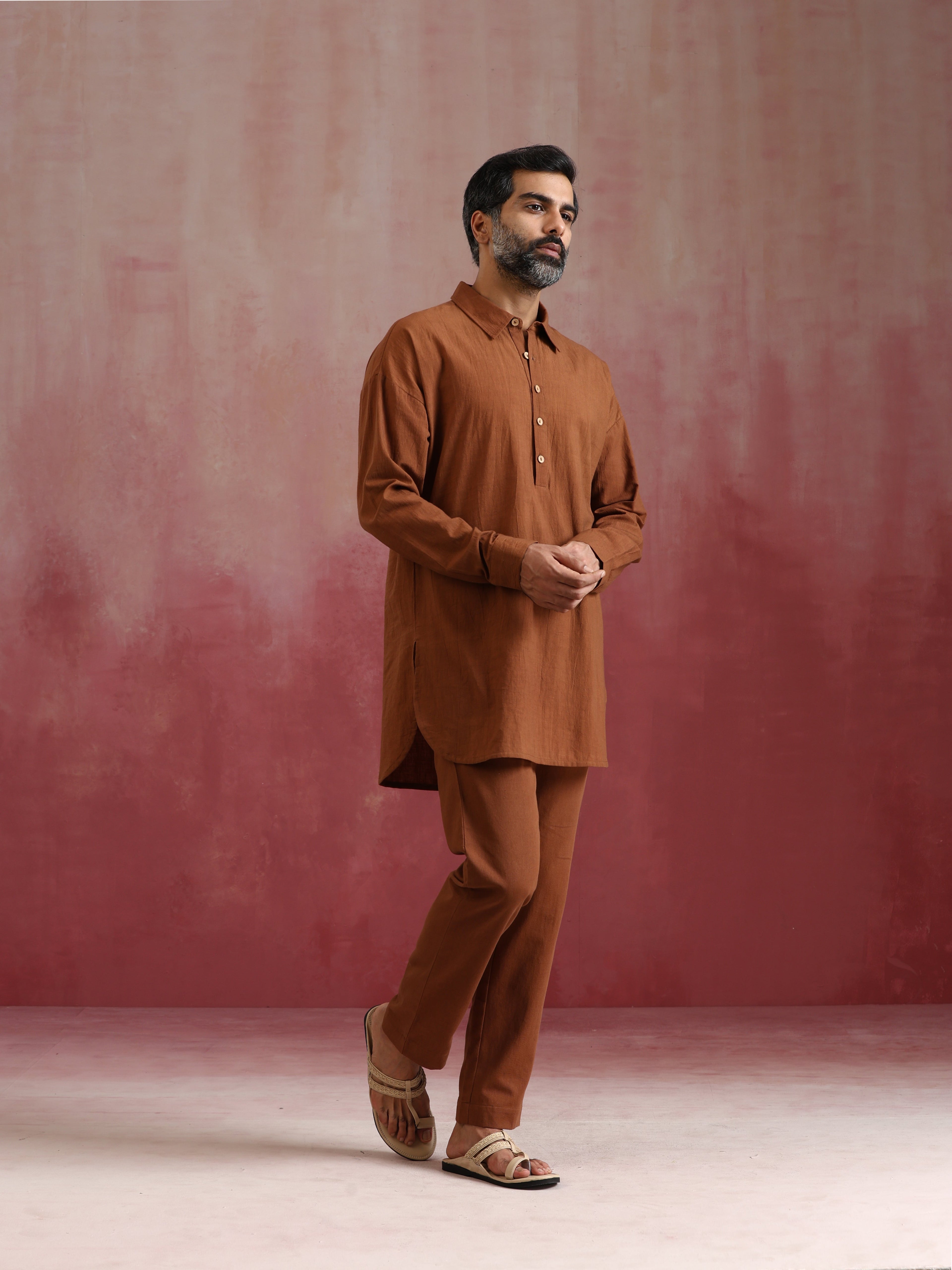 trueBrowns Men's Brown Cotton Shirt Collar Stylized Kurta Co-ord set