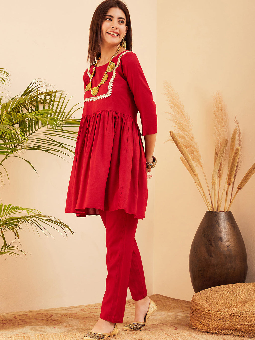 InWeave Women's Maroon Round Neck Square Gota Work Kurta Pant Set