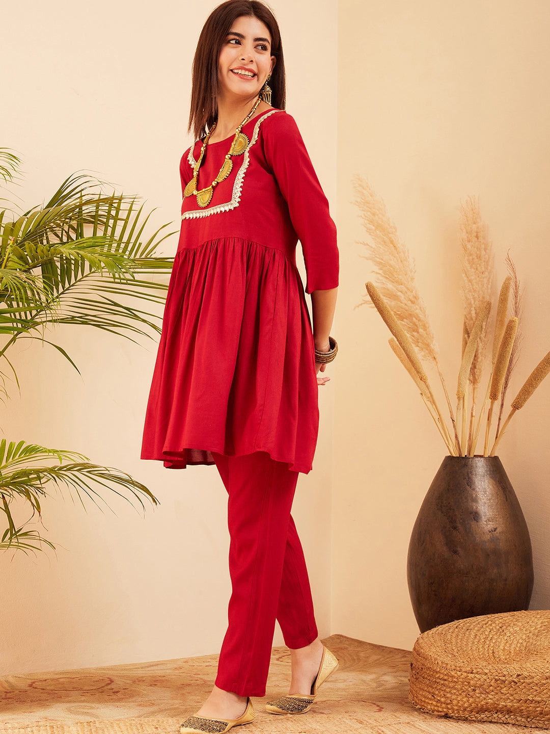 InWeave Women's Maroon Round Neck Square Gota Work Kurta Pant Set