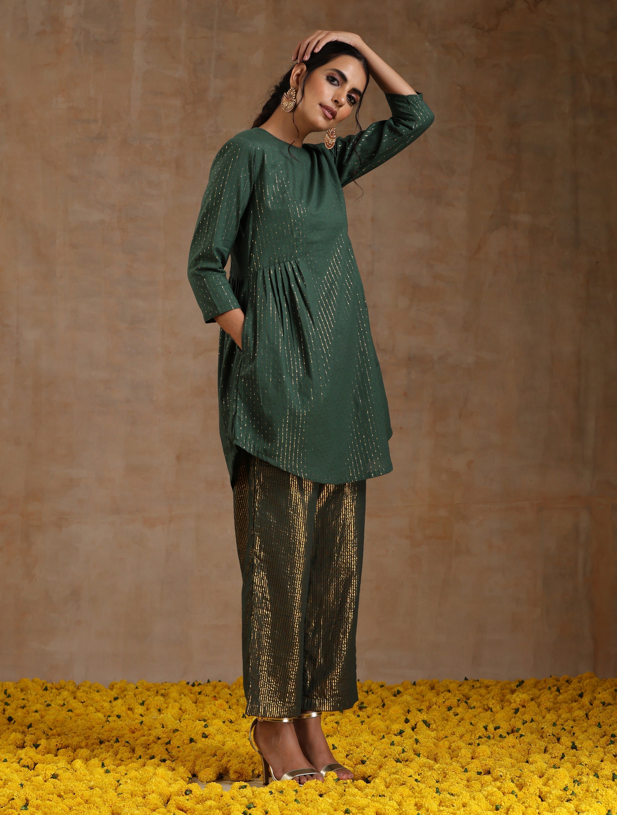 trueBrowns Dark Green Gold Cotton Side Gather Co-Ord Set
