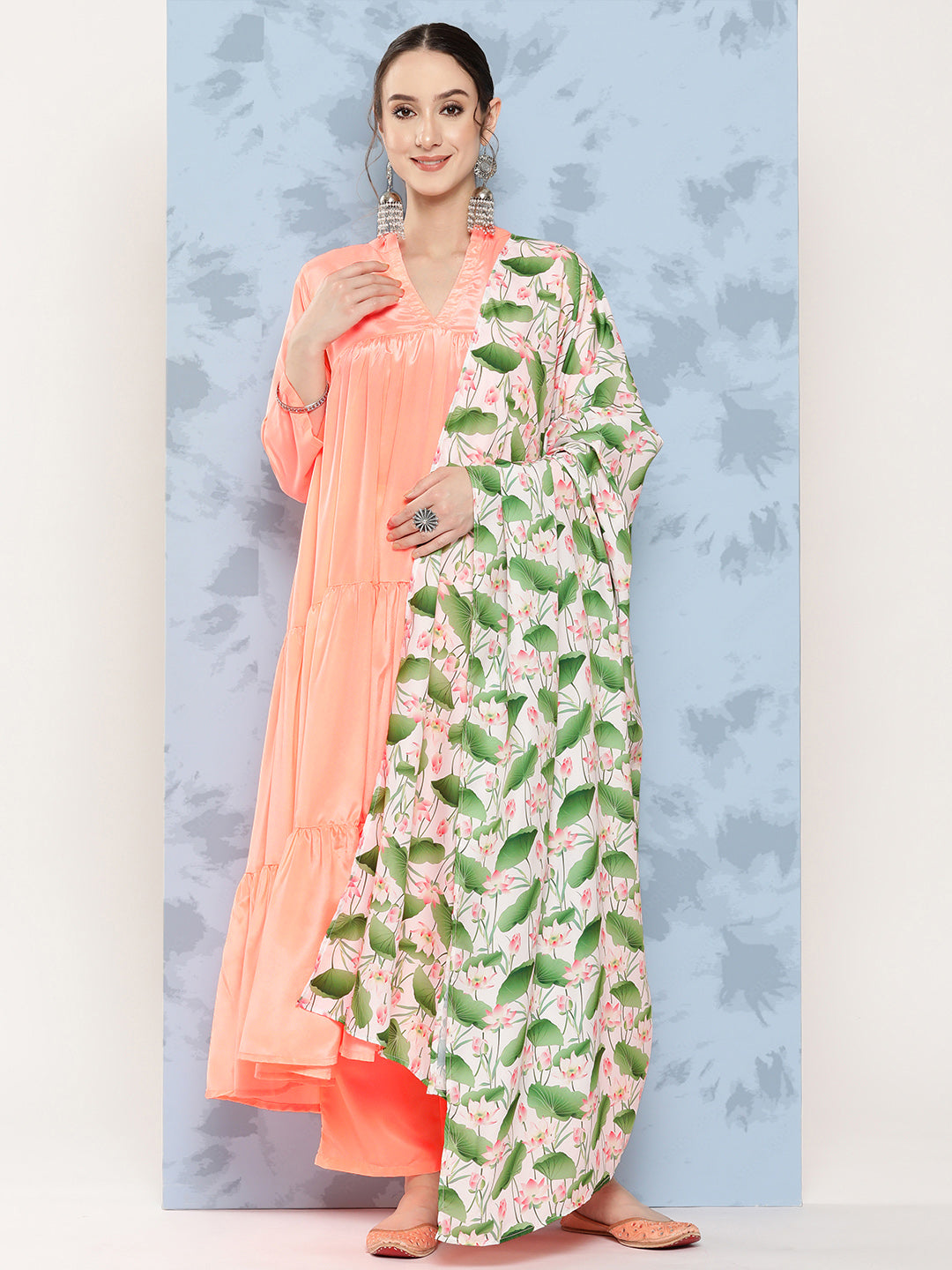 InWeave Women's Peach Tiered Kurta Set With White Pink Lotus Cr Dupatta