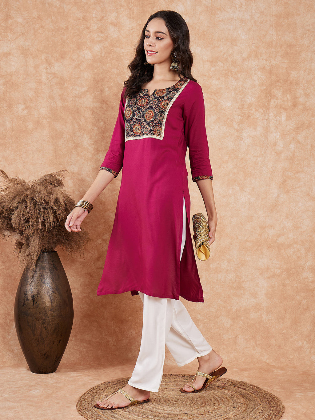 InWeave Women's Wine Printed Neck Patch Work Straight Kurta