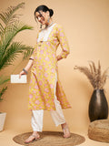 InWeave Women's Lime Pink Print Patch Cotton Straight Kurta