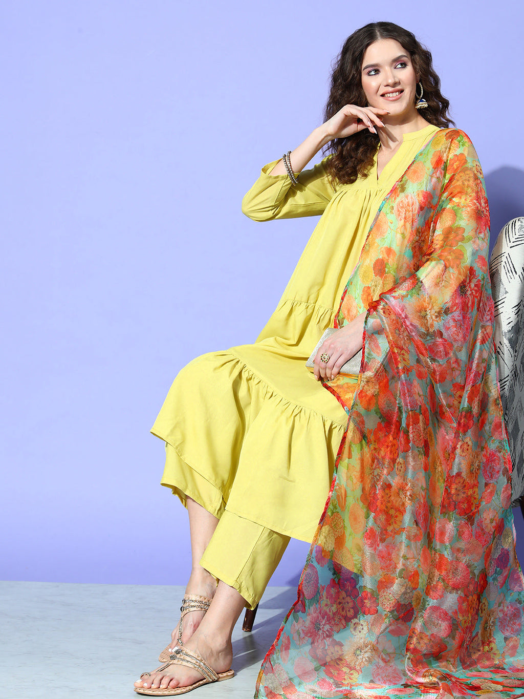 InWeave Women's Lime Green Flared Kurta Set With Green Organza Dupatta