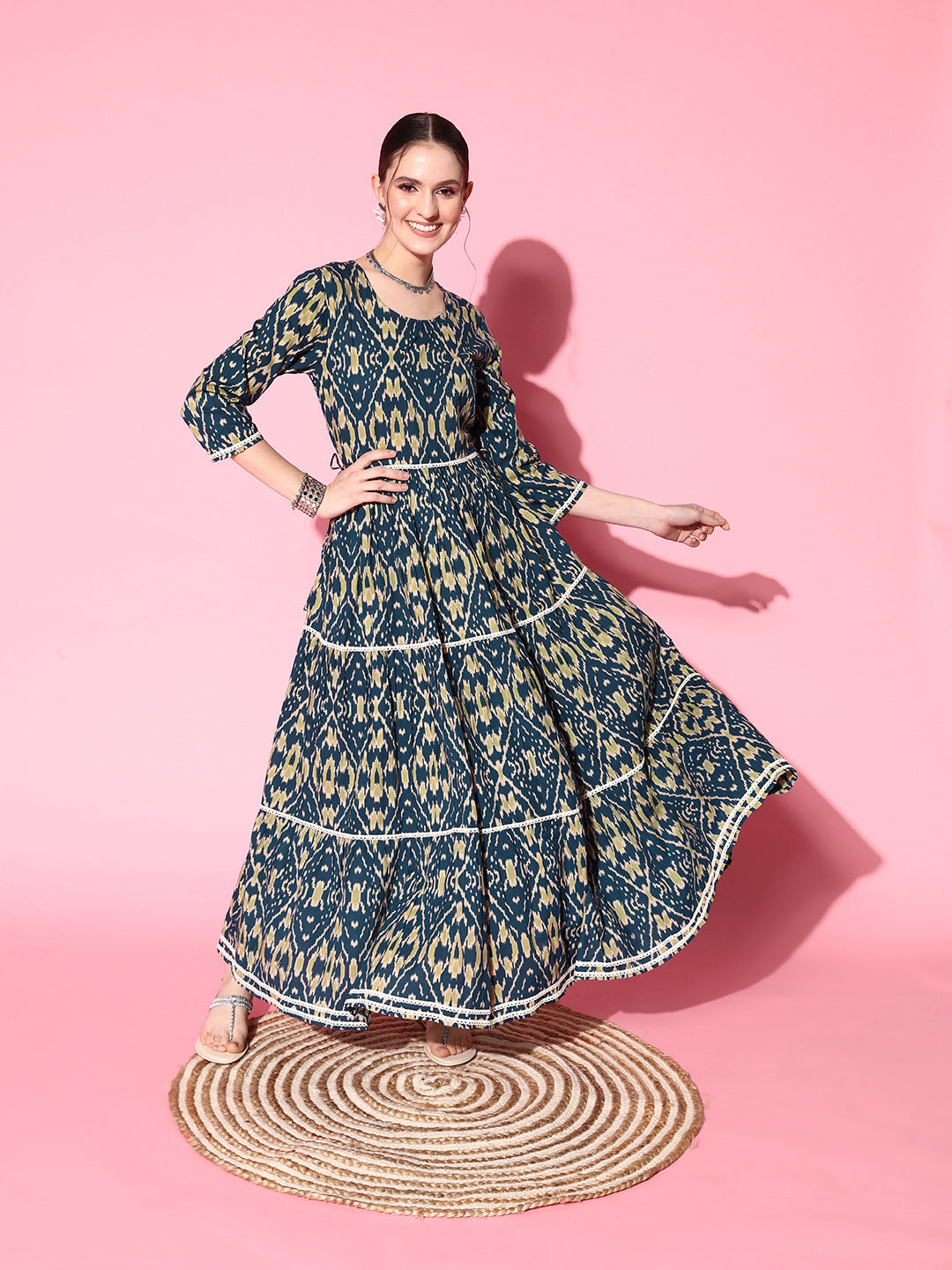 InWeave Women's Blue Ikkat Print Tiered Dress With Lace