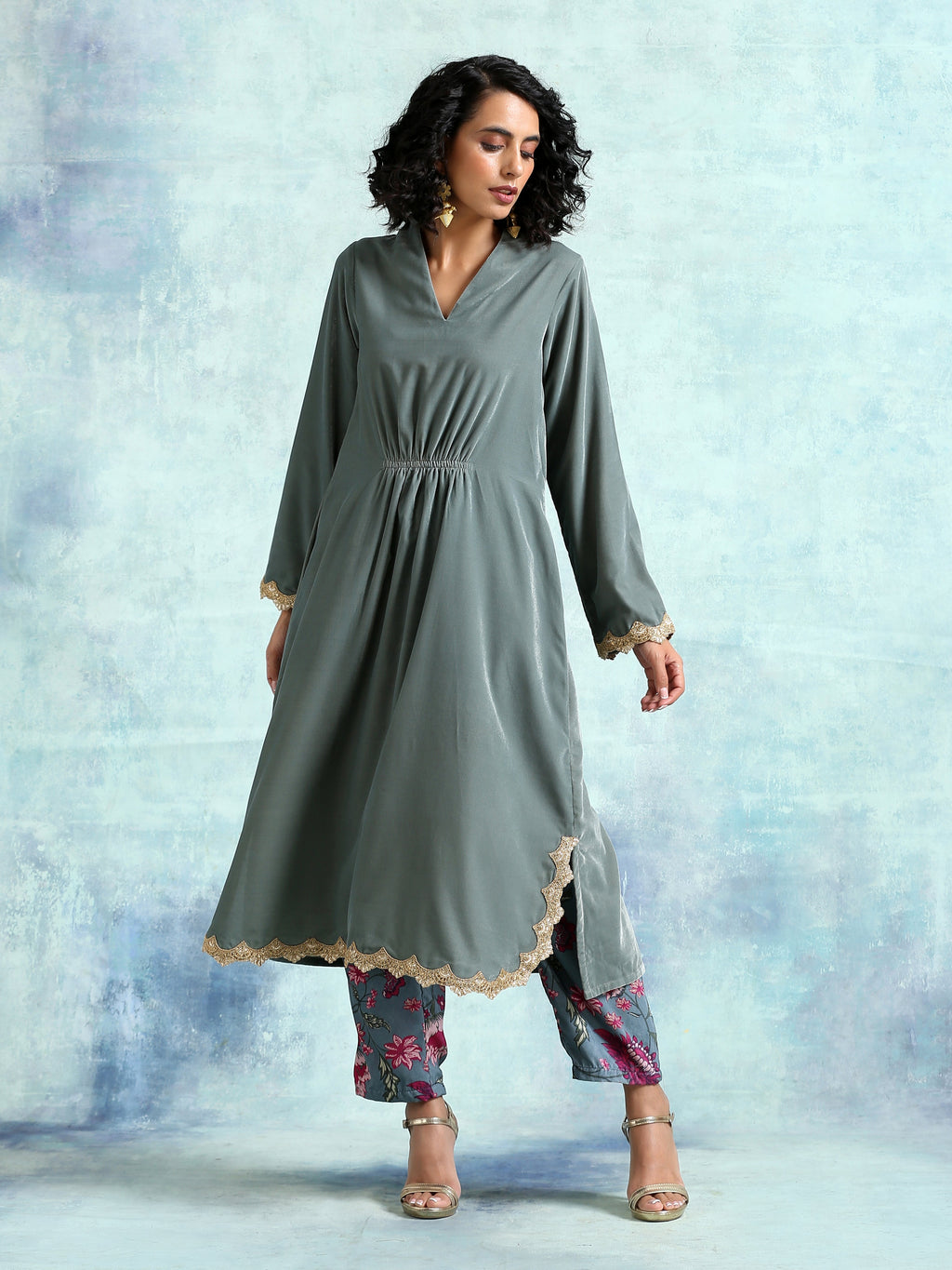 trueBrowns Grey Velvet Lace Kurta Pant Set