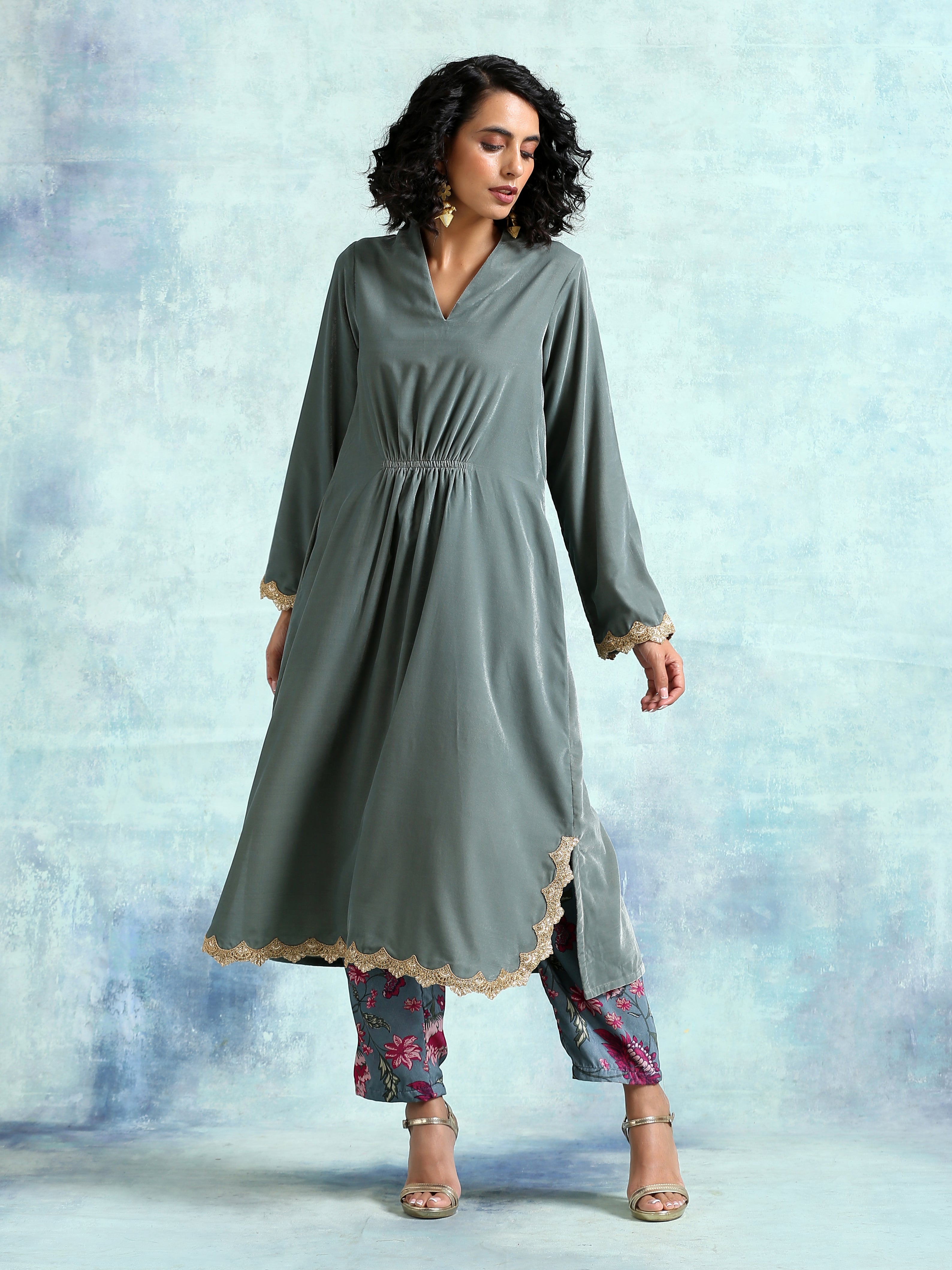 trueBrowns Grey Velvet Lace Kurta Pant Set
