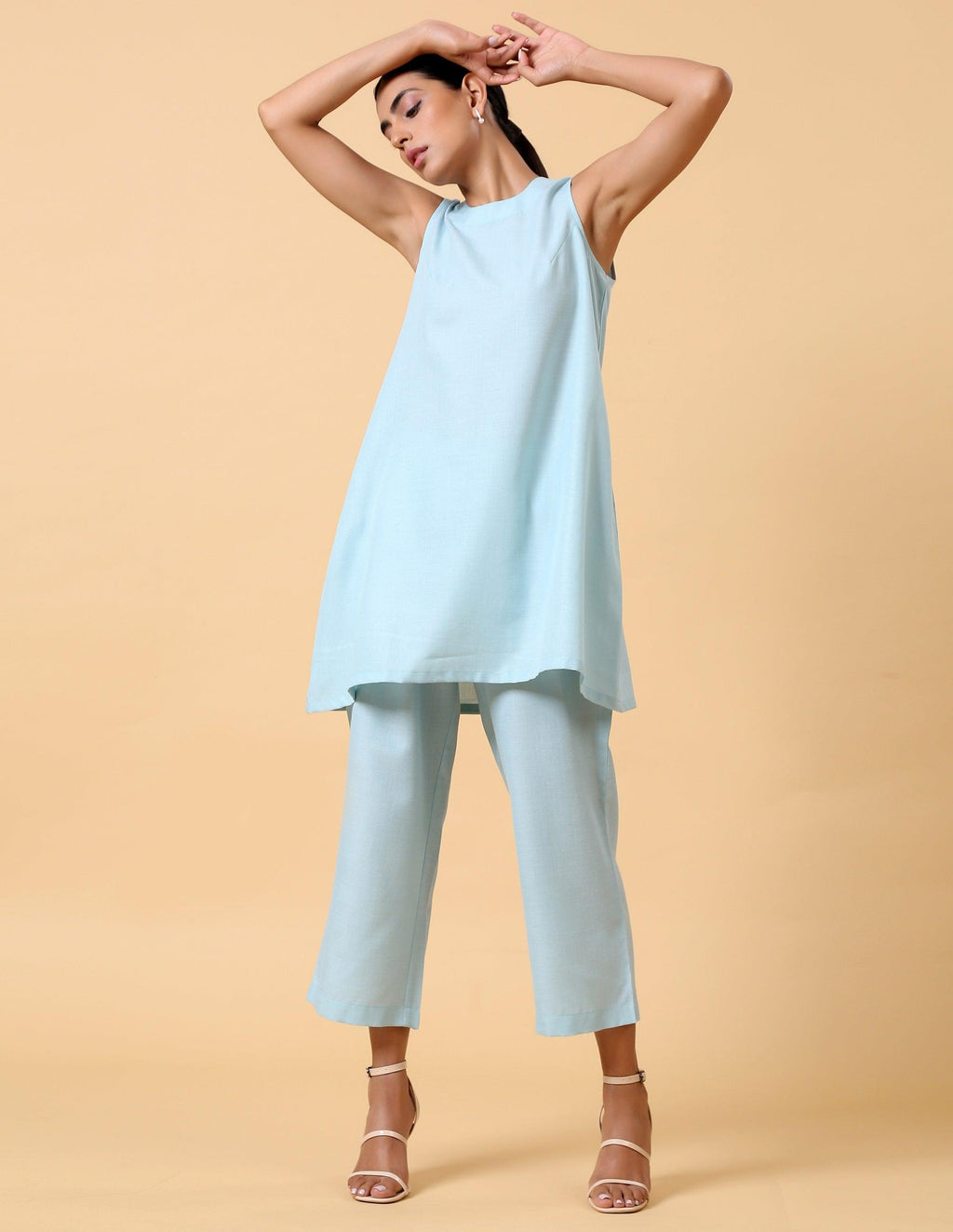 trueBrowns Cotton Linen Light Blue Sleeveless Co-Ord Set