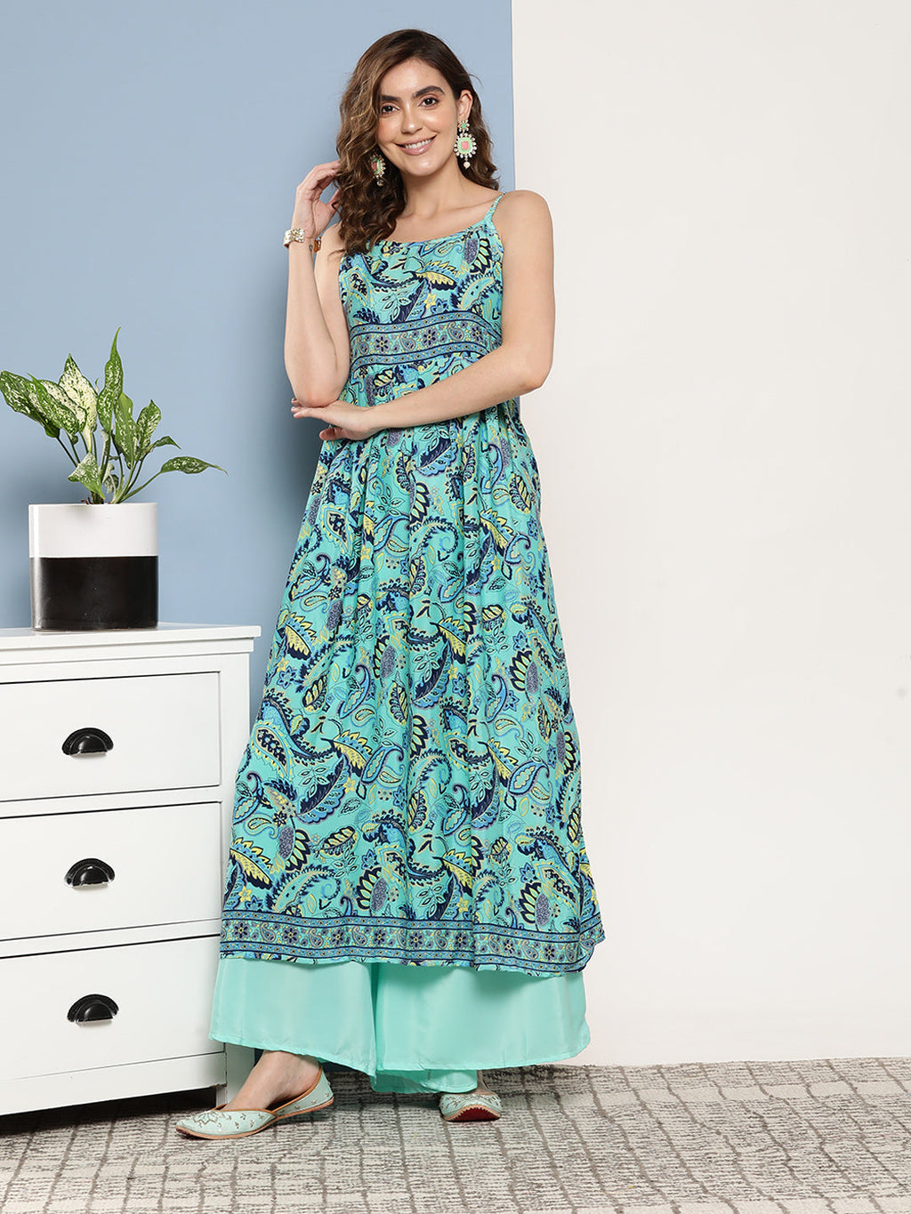 InWeave Women's Camelia Blue Pastel Print Strappy Kurta Set