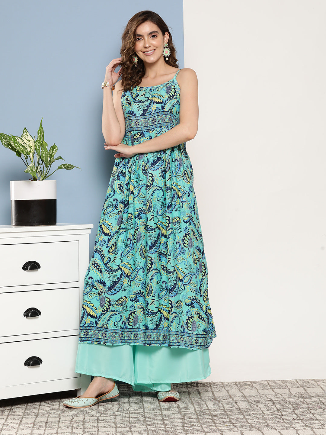 InWeave Women's Camelia Blue Pastel Print Strappy Kurta Set
