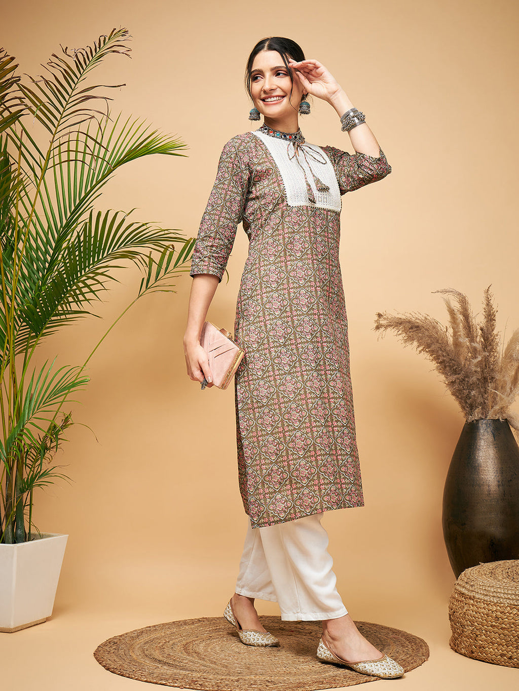 InWeave Women's Green Red Ajrakh Print Cotton Patch Work Straight Kurta