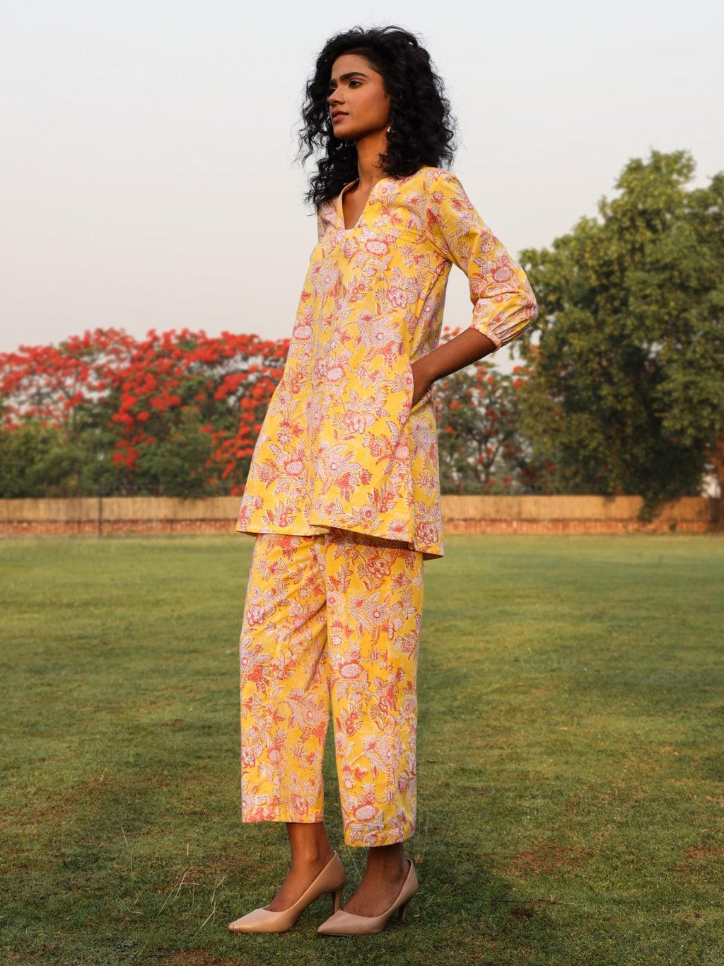 trueBrowns Yellow Cotton Block Print V-Square Neck Co-Ord Set