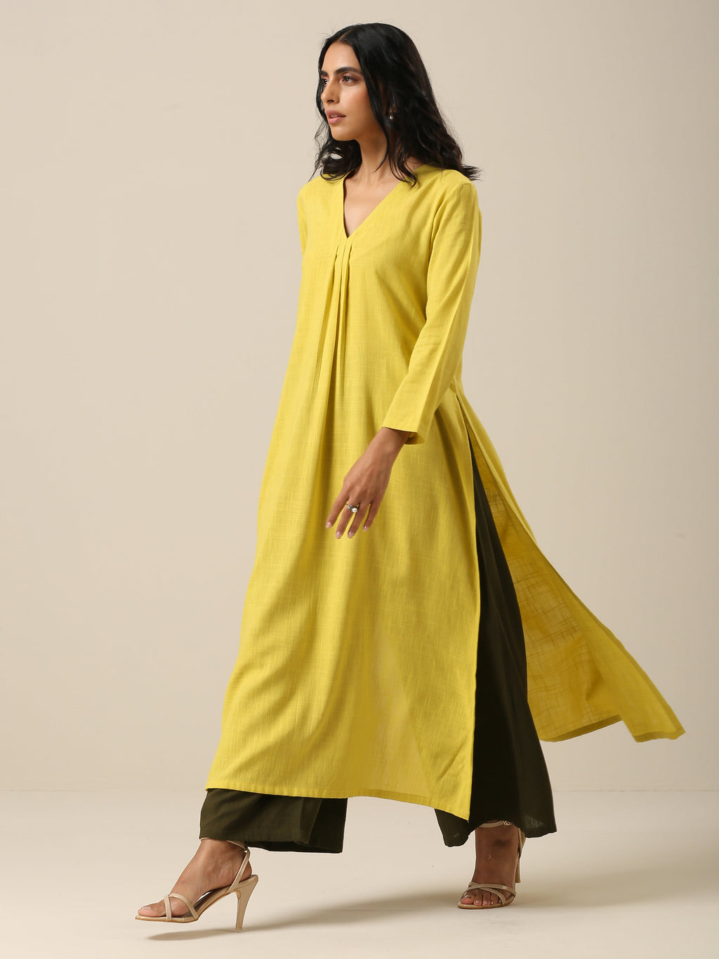 trueBrowns Lime Slub Texture Slit Kurta Palazzo Set