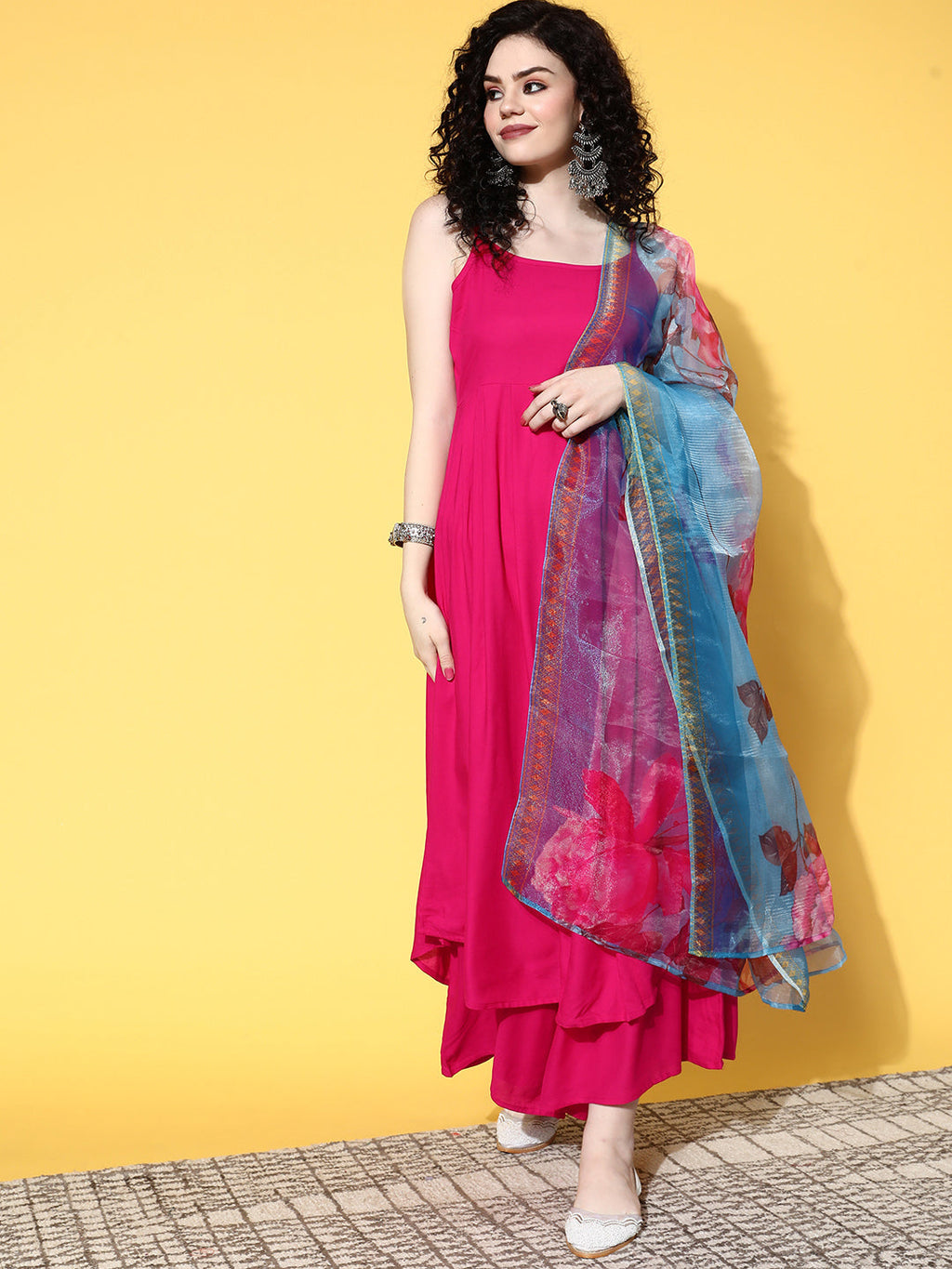 InWeave Strappy Set In Fuchsia With Blue Fuchsia Organza Dupatta