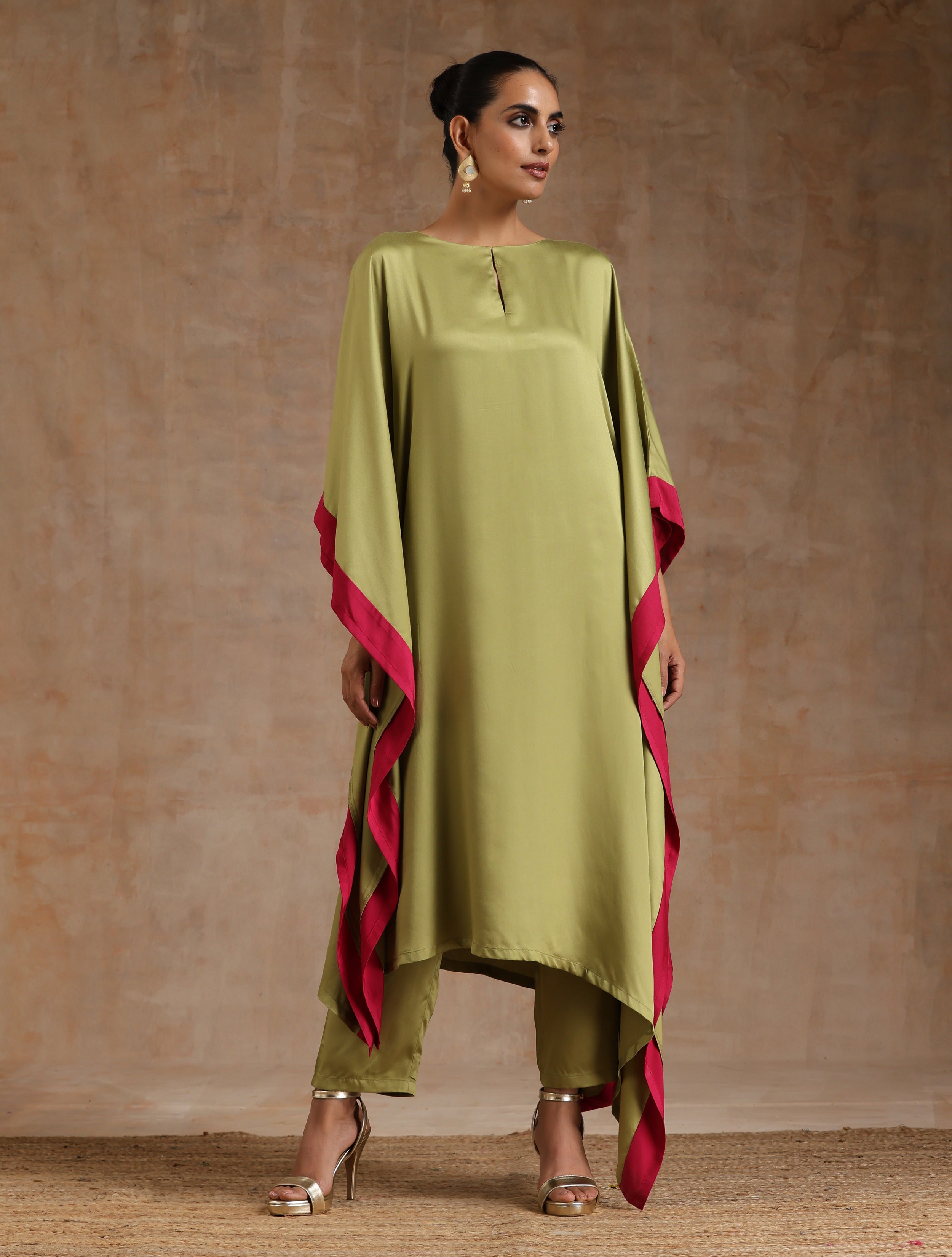 trueBrowns Light Green Modal Satin High-Low Kaftan Kurta Set
