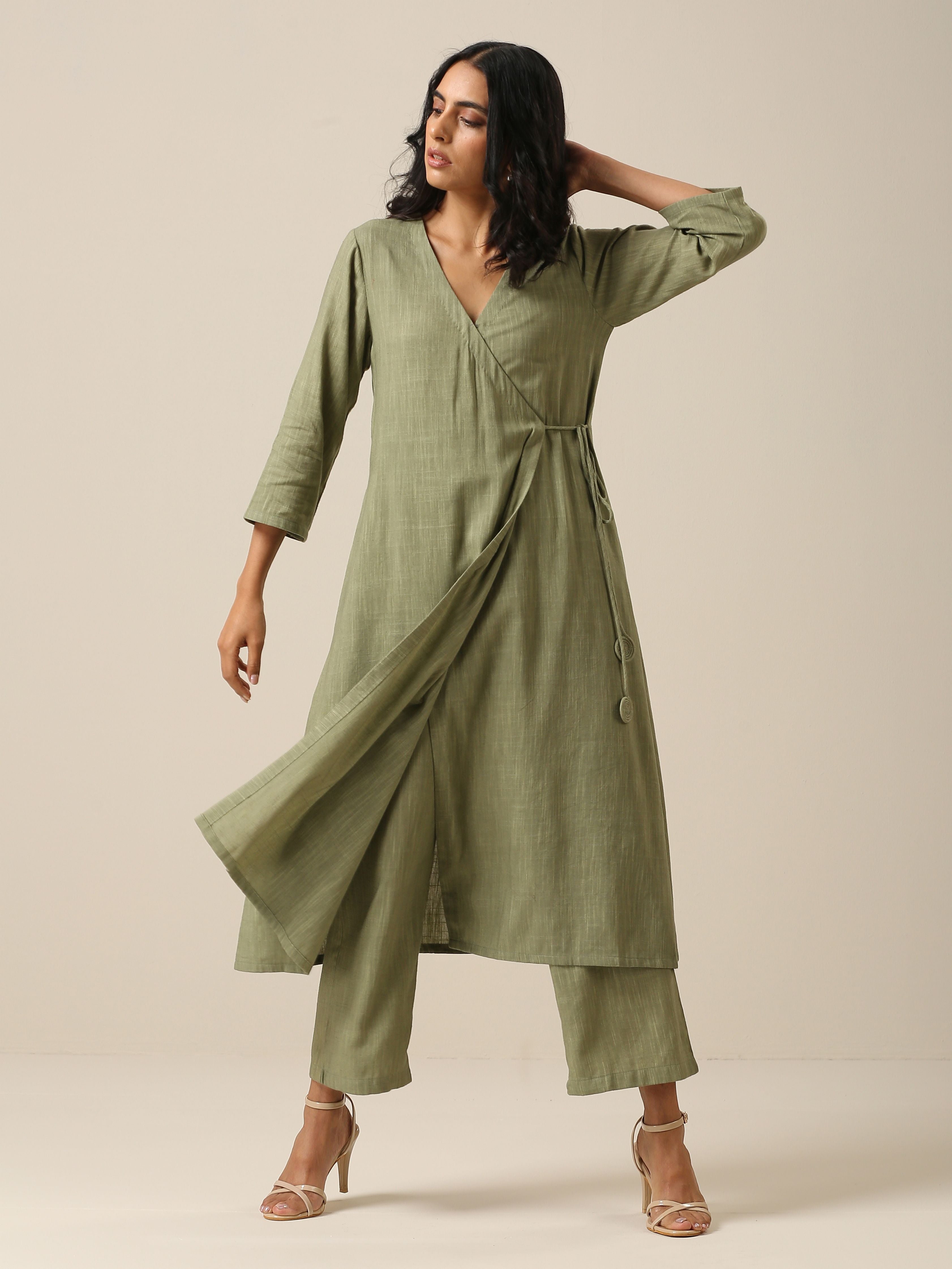 trueBrowns Sage Slub Texture Angrakha Pant Set | Relove