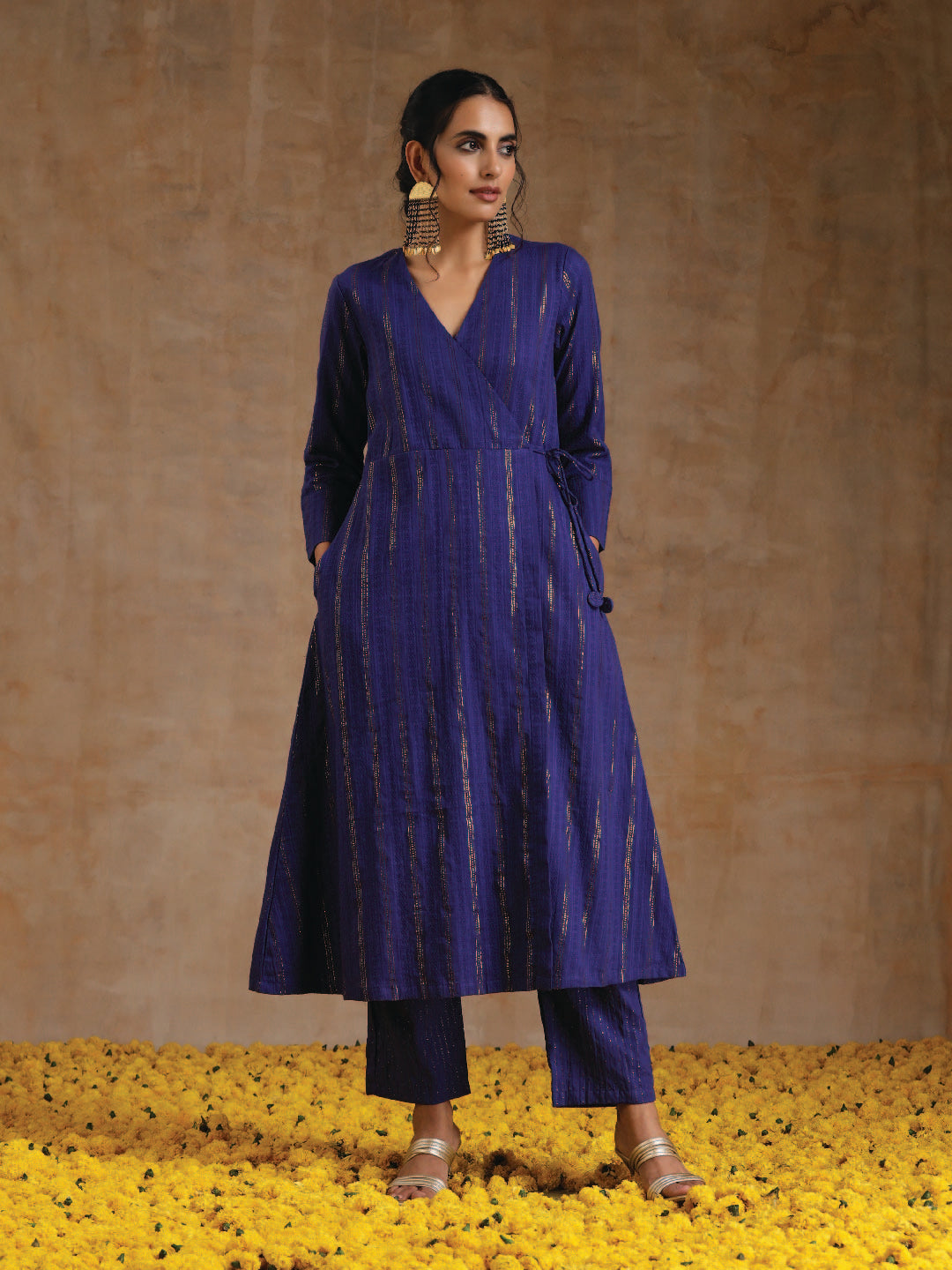 trueBrowns Spectrum Blue Gold Cotton Angrakha Kurta Set
