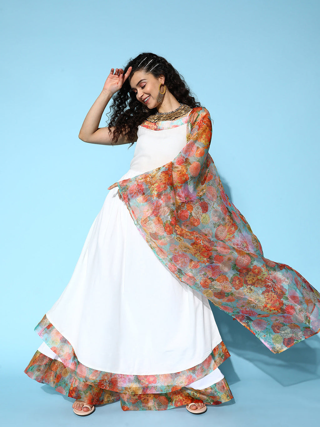 InWeave Women's White Strappy Orgranza Border Kurta Set With Dupatta