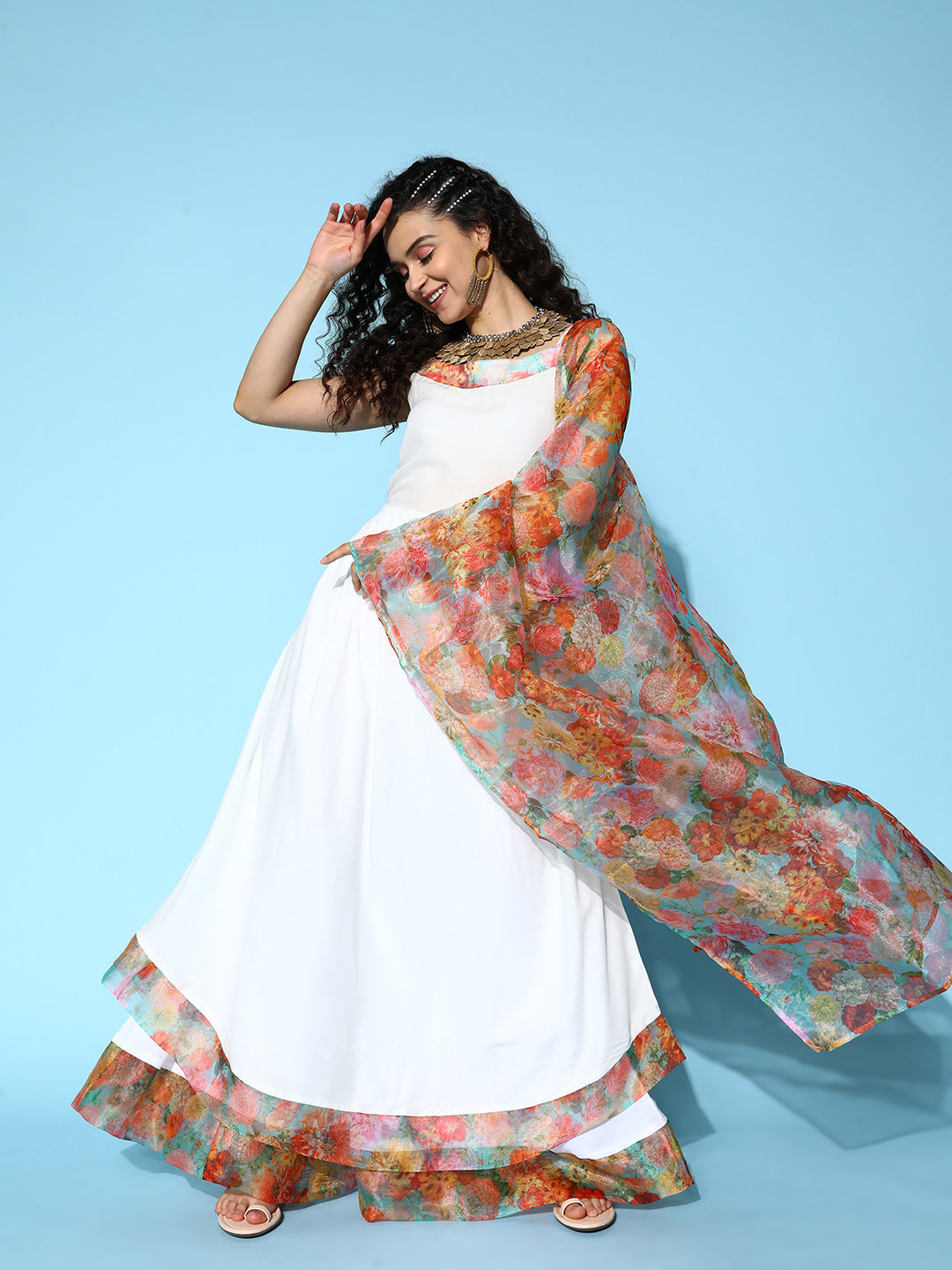 InWeave Women's White Strappy Orgranza Border Kurta Set With Dupatta