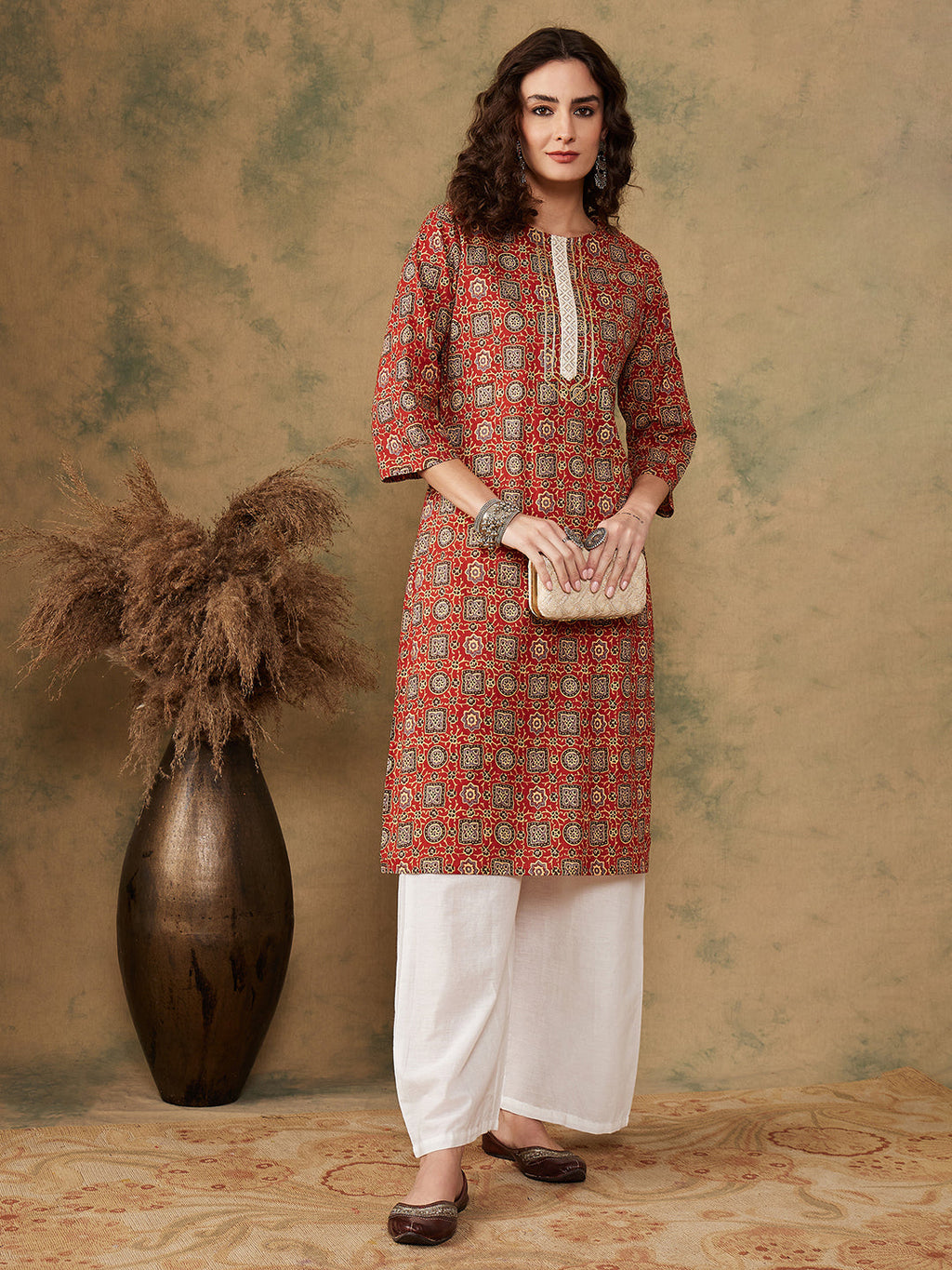 InWeave Women's Maroon Ethnic Print Lace Gota Work Straight Kurta