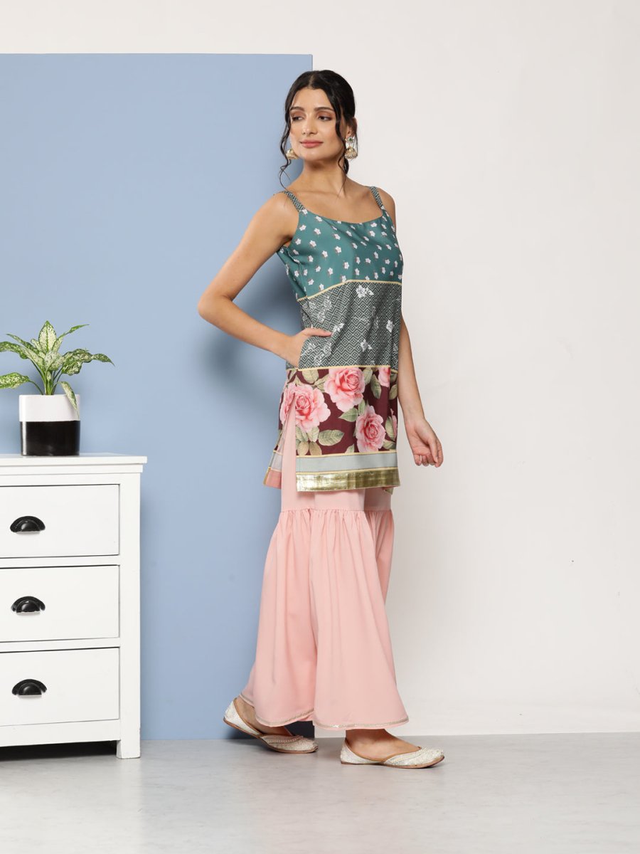 Ahalyaa Women Green Floral Printed Gotta Patti Kurta with Sharara & With Dupatta