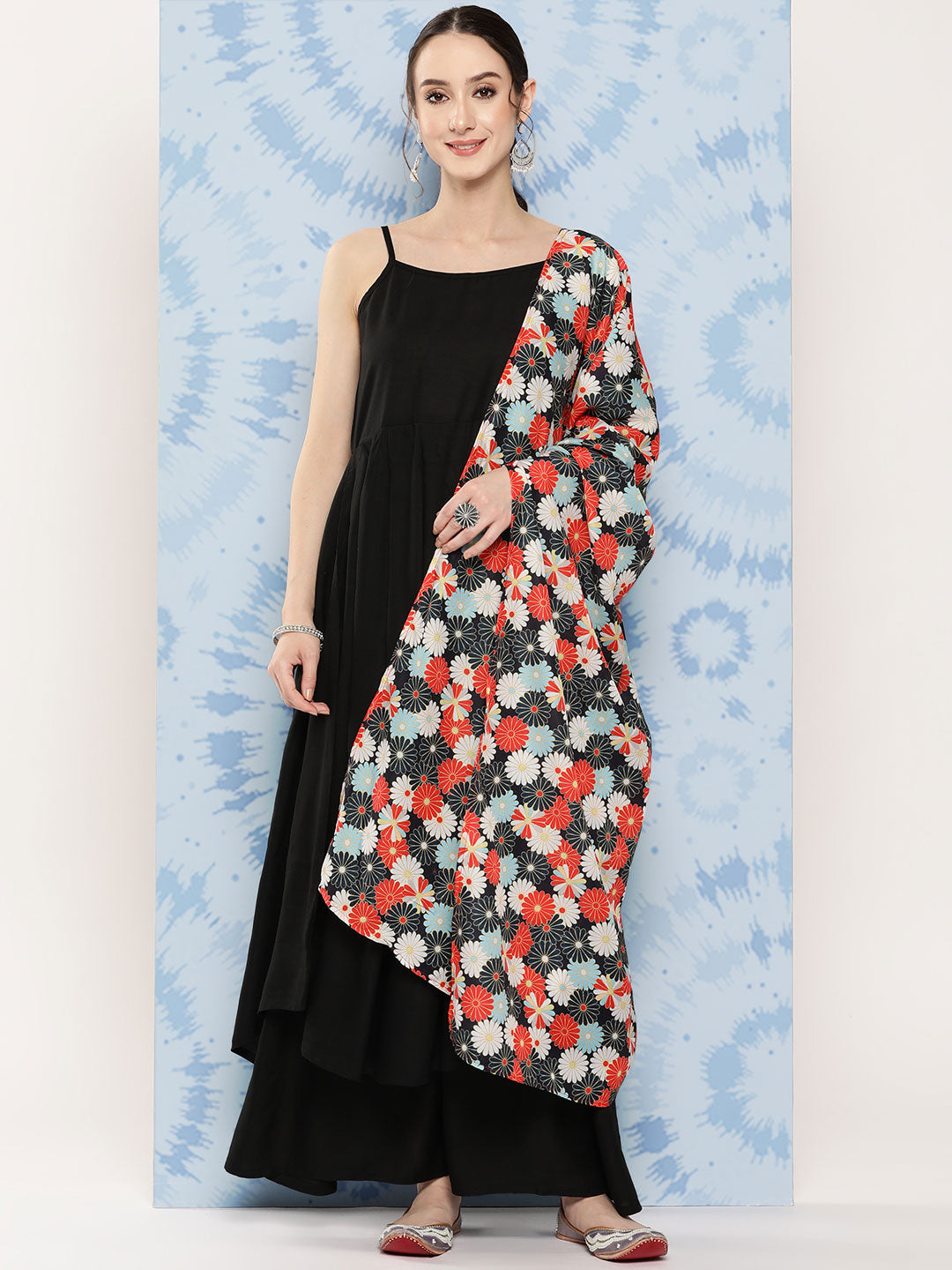 InWeave Women's Black Strappy Set With White Red Round Motif Dupatta