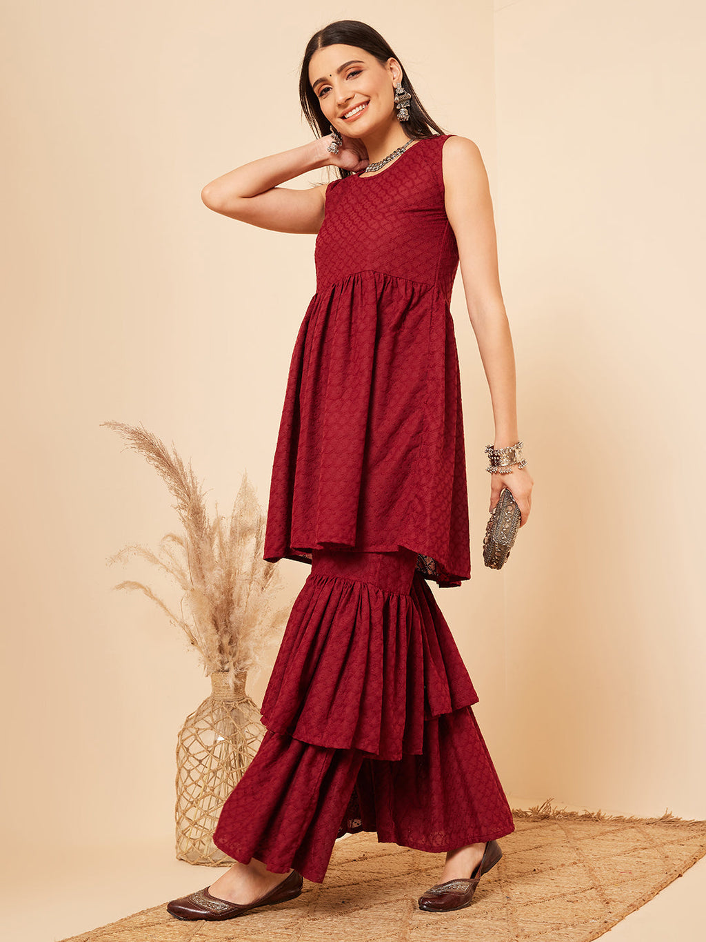 InWeave Women's Carmine Maroon Lace Work Double Layer Sharara Set