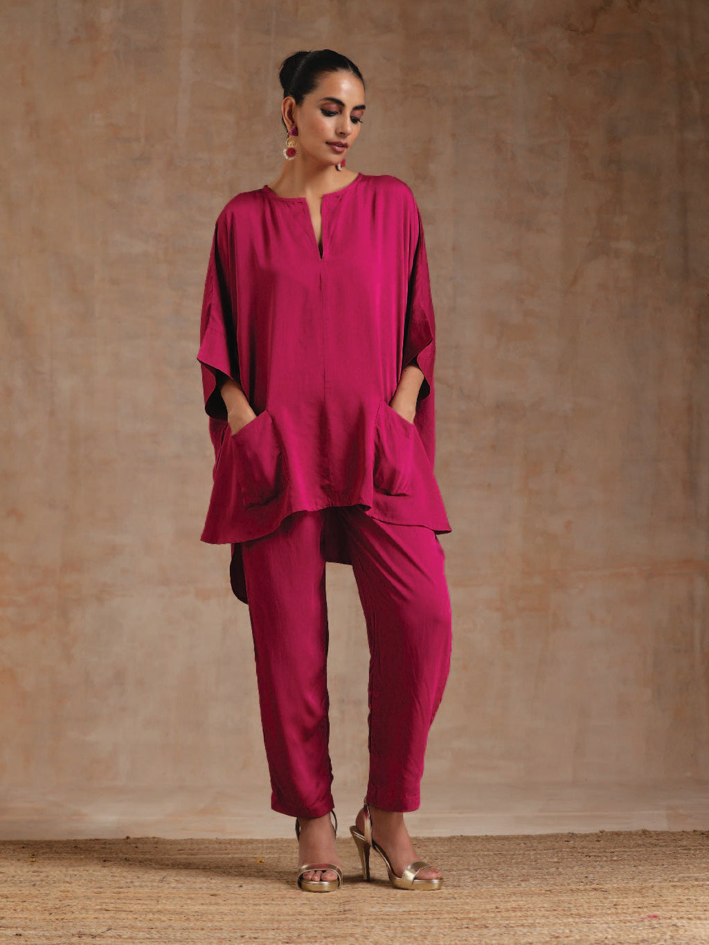 trueBrowns Pink Modal Satin Boxy Fit High-Low Co-Ord Set