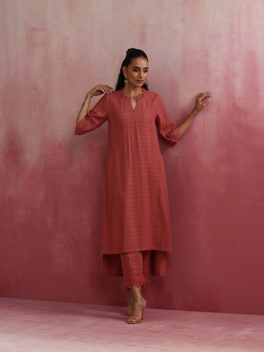 trueBrowns Peach High low Cotton Dobby Kurta Set
