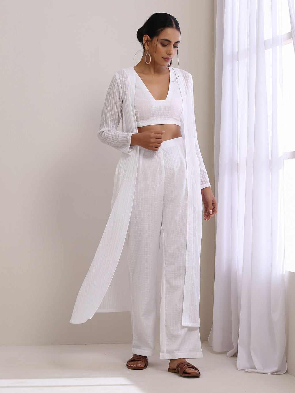 trueBrowns White Dobby Overlay Jacket Blouse Pant Set