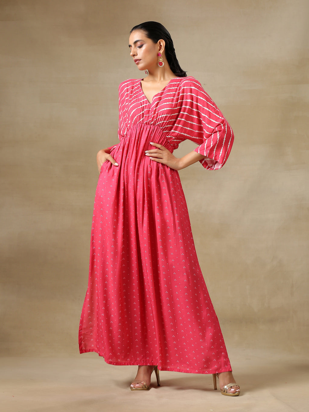 trueBrowns Pink Bandhani Printed Silk Drop Shoulder Dress