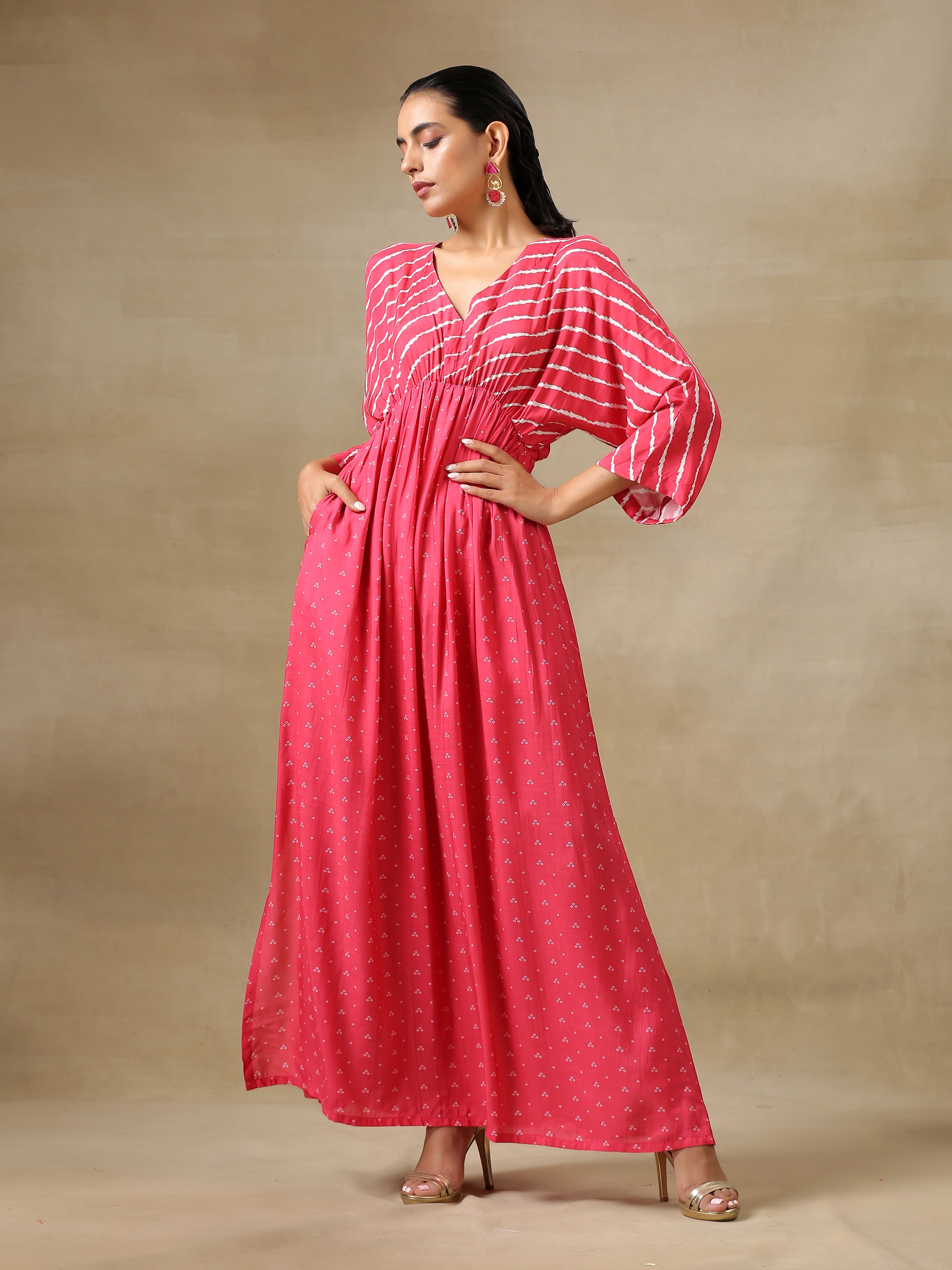 trueBrowns Pink Bandhani Printed Silk Drop Shoulder Dress