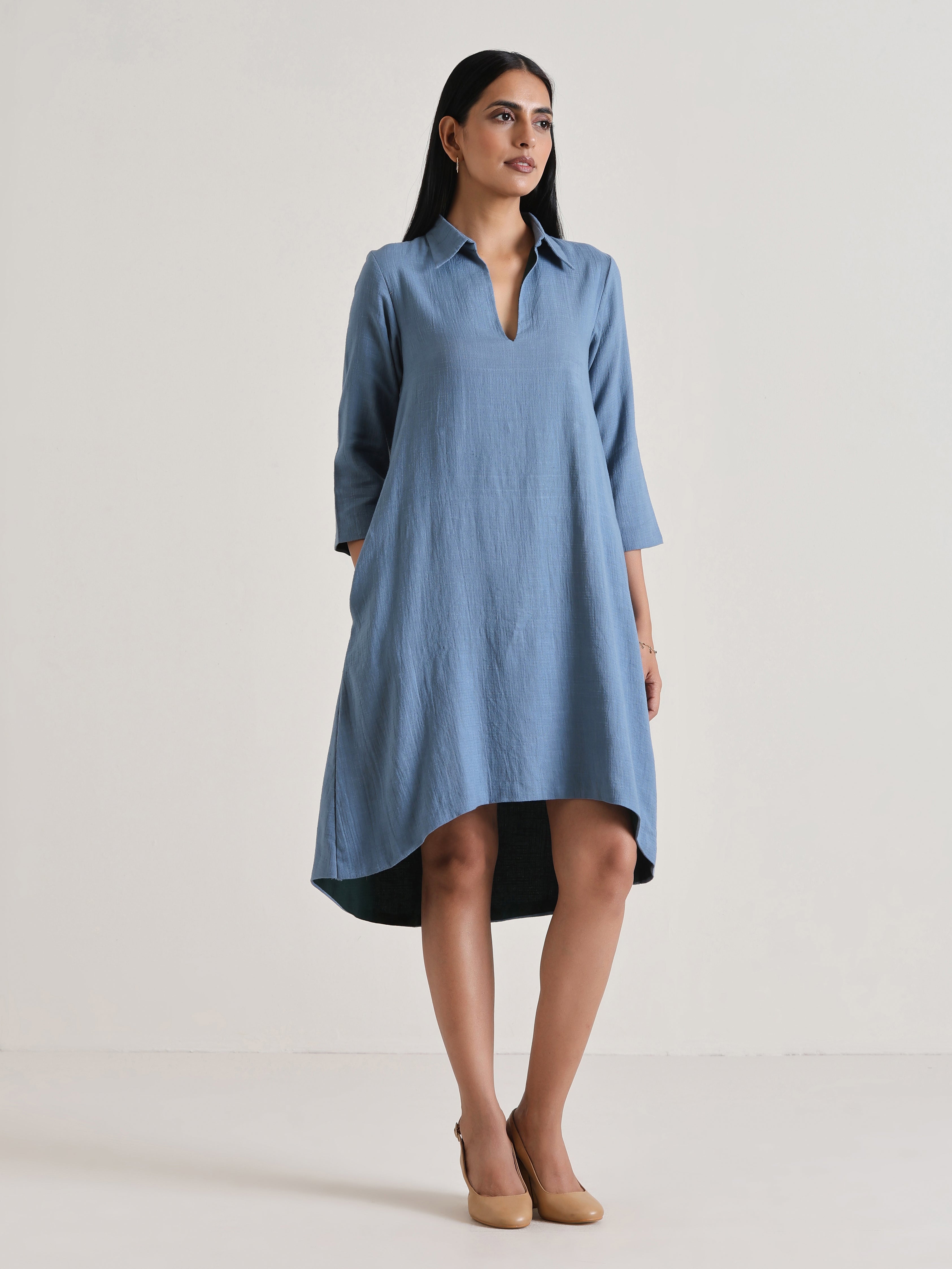 trueBrowns Light Blue Short Collared Dress