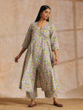 trueBrowns Grey Overall Floral Block Print Cotton Angrakha Kurta Pant Set