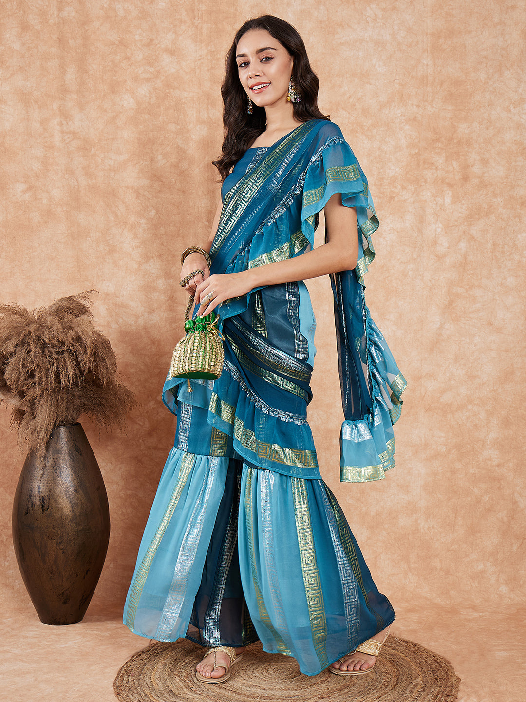 InWeave Women's Teal Shaded Lurex Frill Sharara Saree