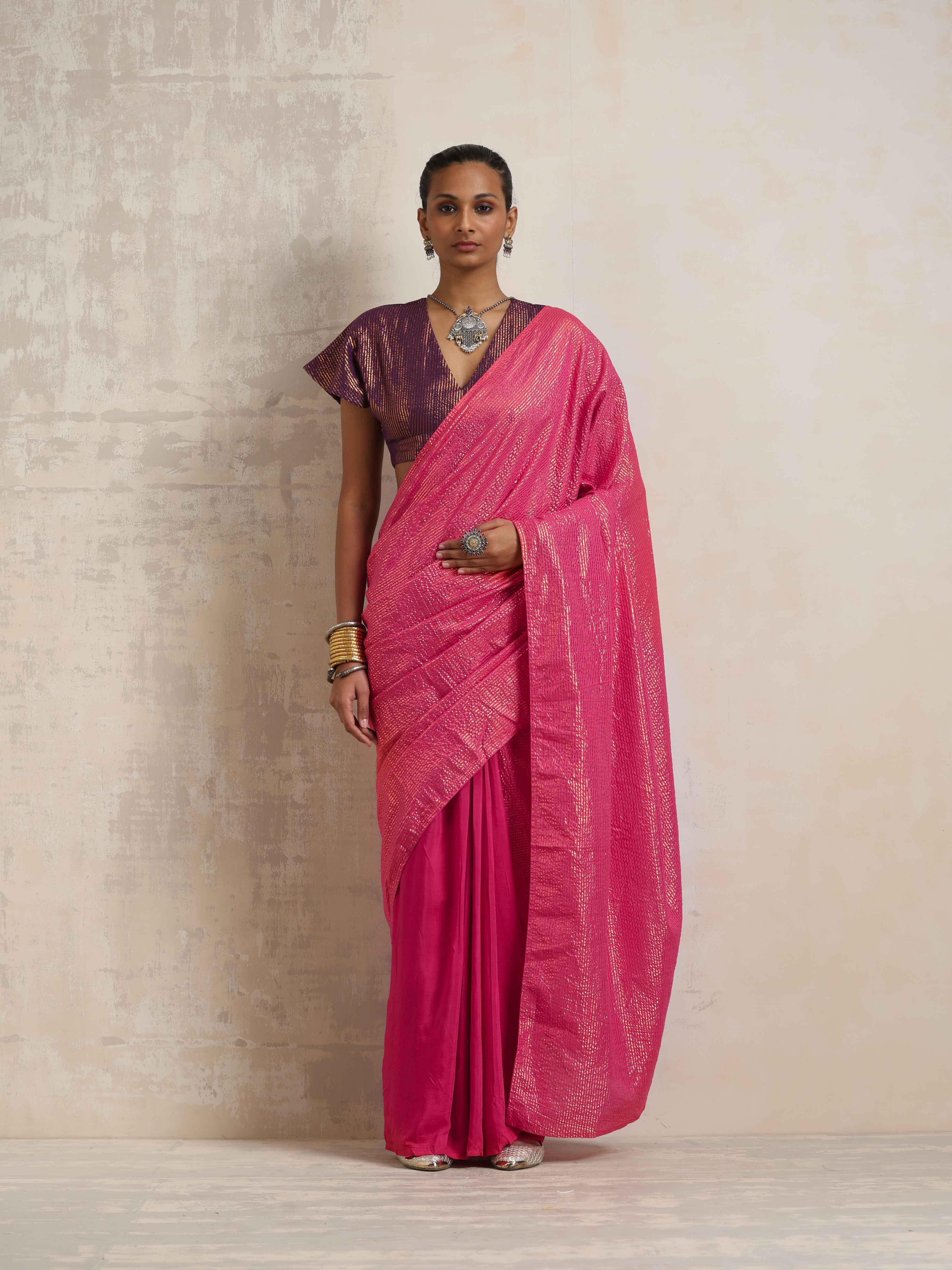 trueBrowns Pink Gold Lurex Ready To Wear Saree