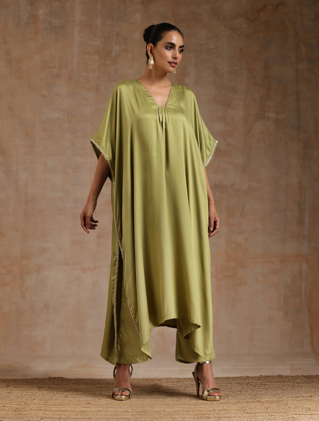 trueBrowns Light Green Modal Satin Kaftan Kurta Set
