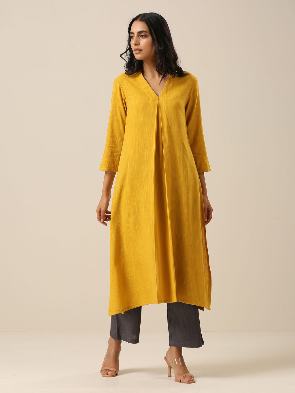 trueBrowns Mustard Yellow Slub Texture Neck Pleat Kurta Pant Set