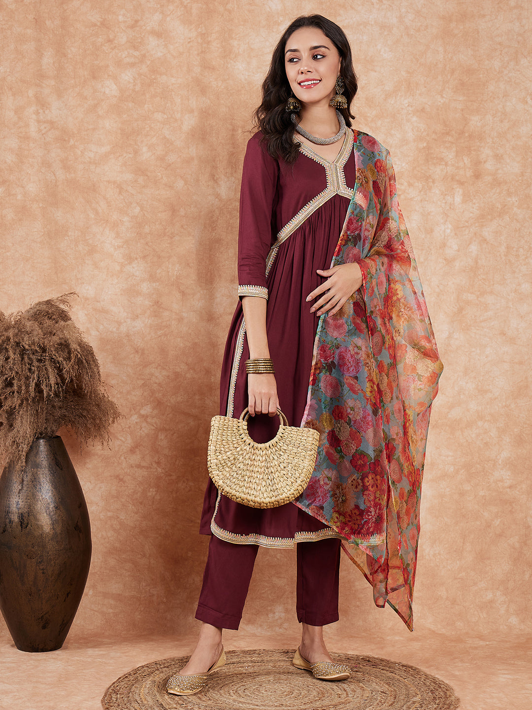 InWeave Women's Dark Burgundy Alia Neck Style Gota Set W Organza Dupatta
