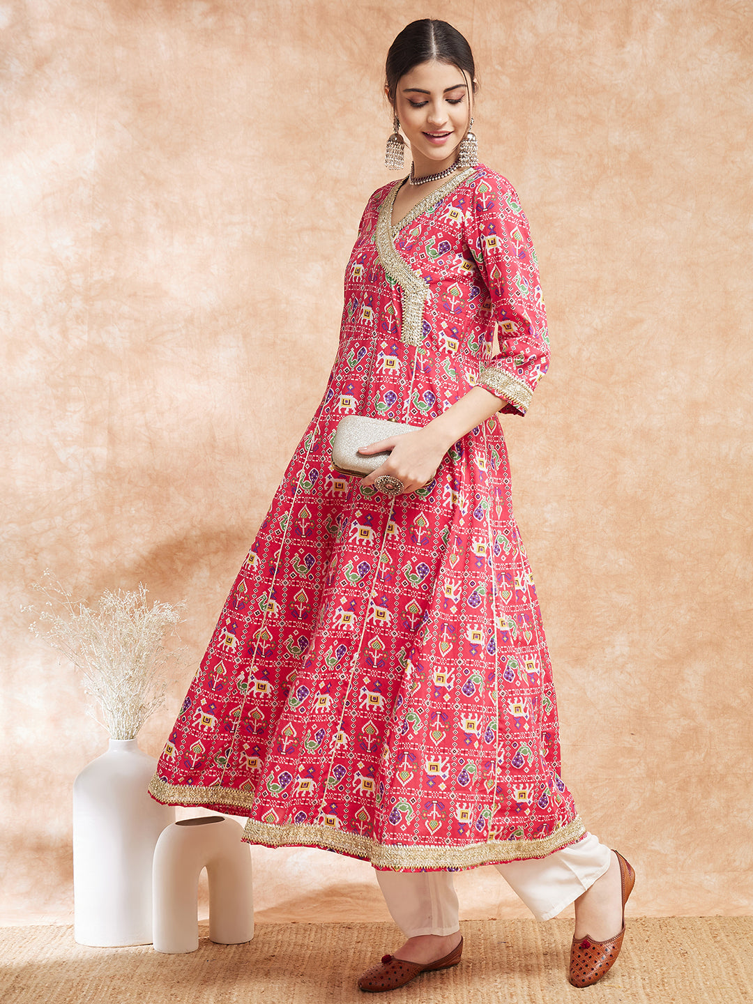 InWeave Women's Pink Patola Printed Gota Embroidered Anarkali Kurta